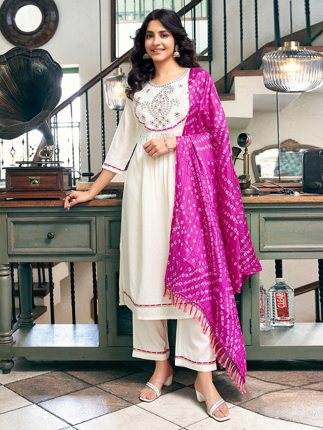 

KALINI Paisley Embroidered A-Line Kurta with Trousers & Dupatta, Cream