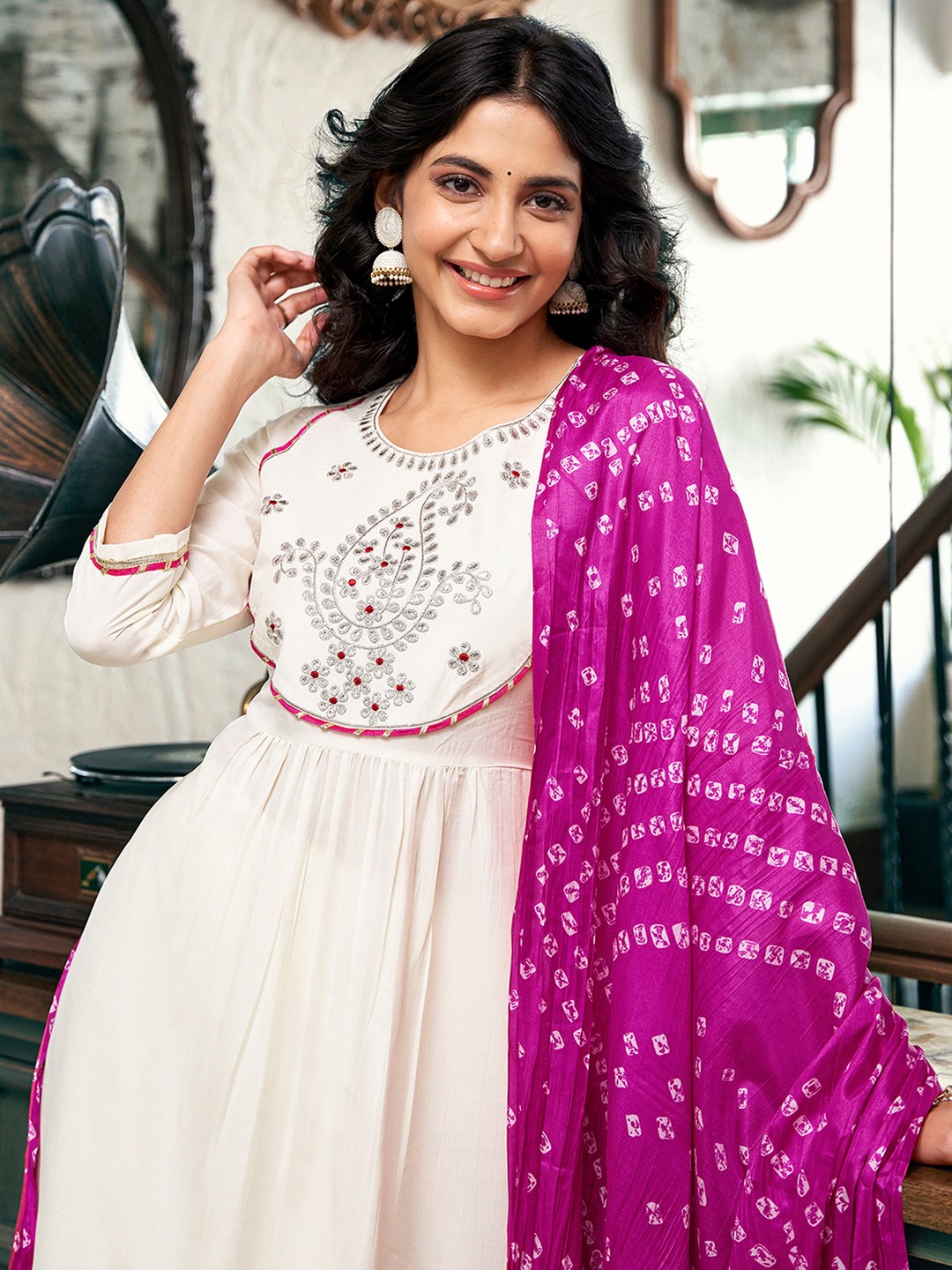 

KALINI Paisley Embroidered A-Line Kurta with Trousers & Dupatta, Cream