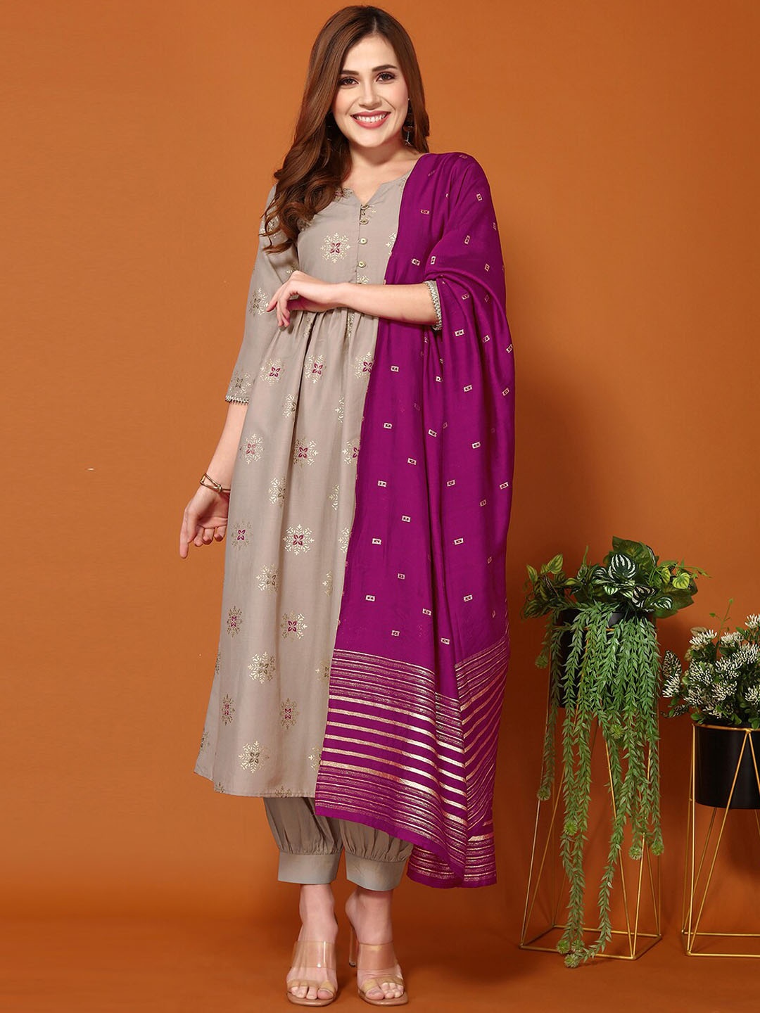 

KALINI Printed Regular Kurta With Dhoti Pants & Dupatta, Khaki