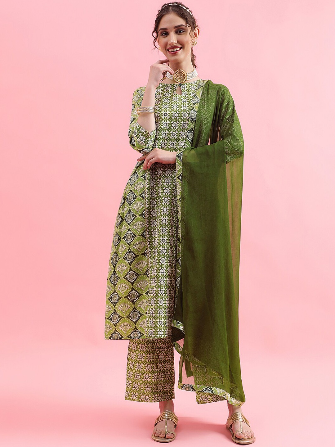 

SKYLEE Geometric Printed Regular Kurta With Palazzos & Dupatta, Green