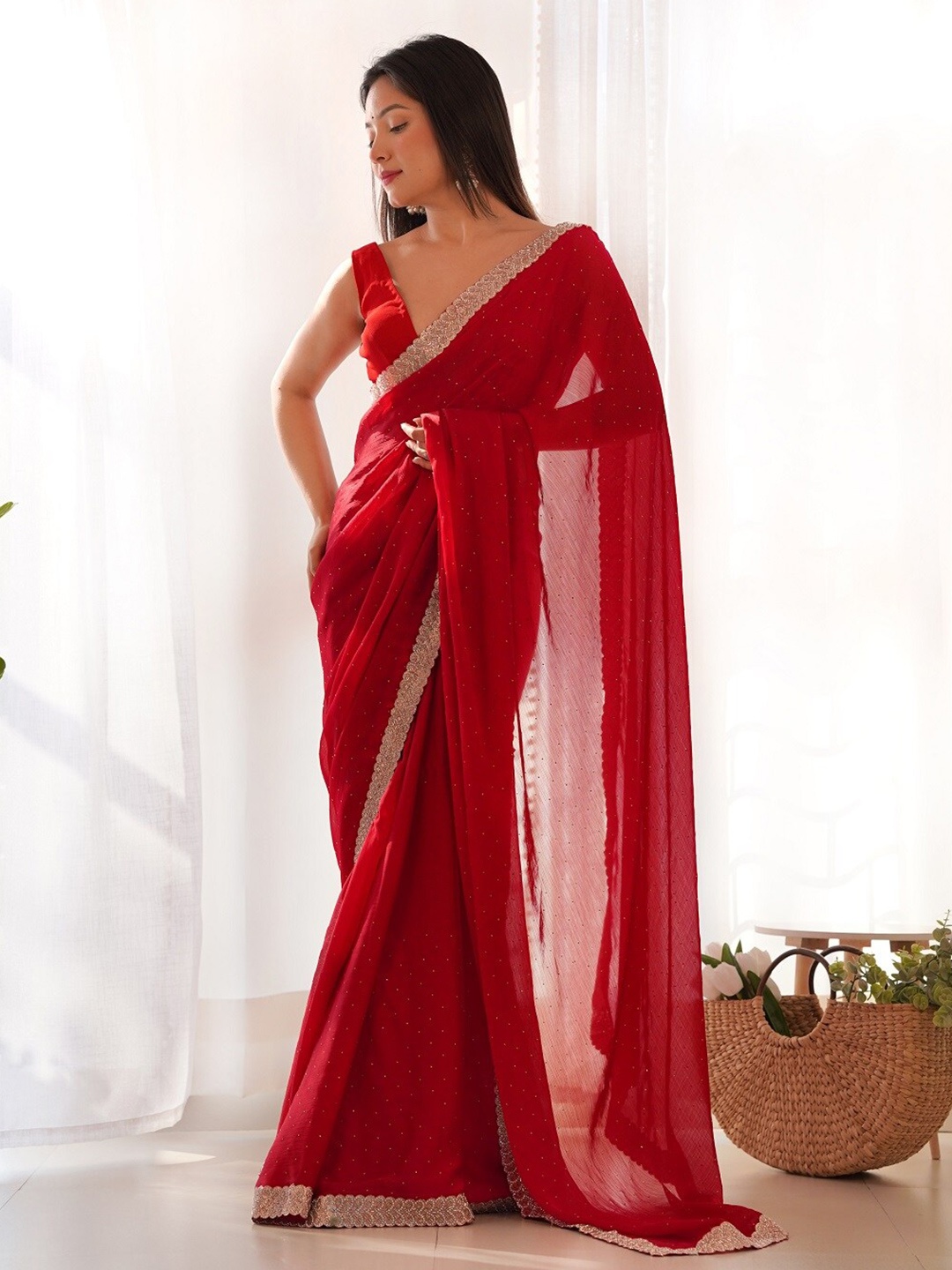 

Mitera Red Embellished Beads and Stones Satin Saree