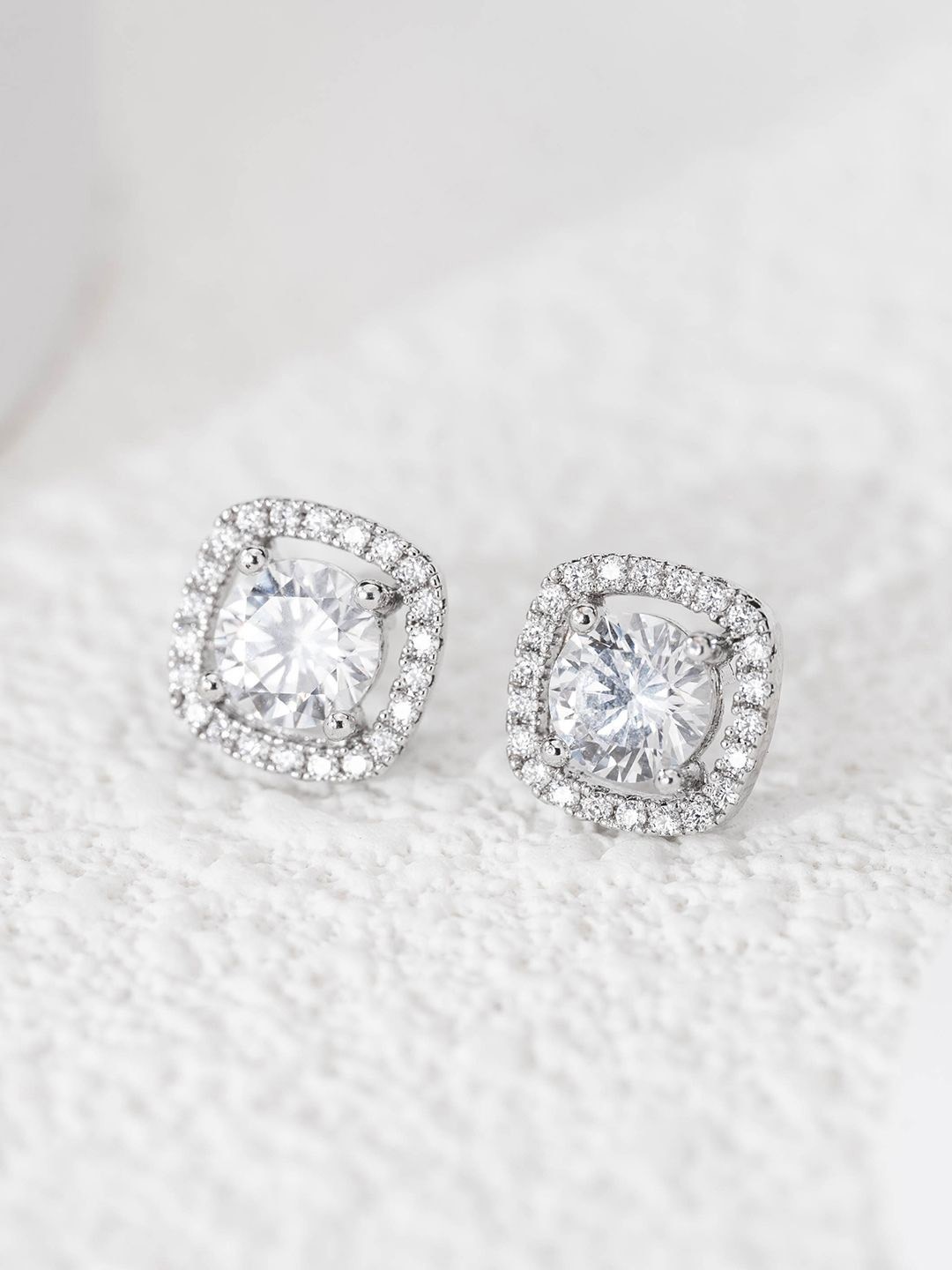 

MISS JO Silver Plated 92.5 Sterling Silver Stone Studded Contemporary Stud Earrings