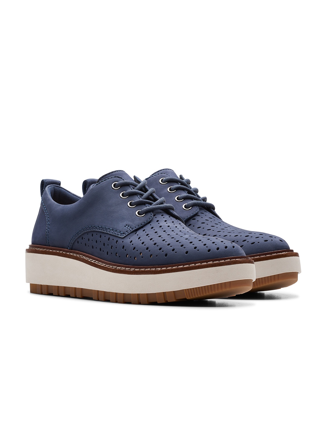 

Clarks Women Round Toe Laser Cuts Nubuck Sneakers, Navy blue