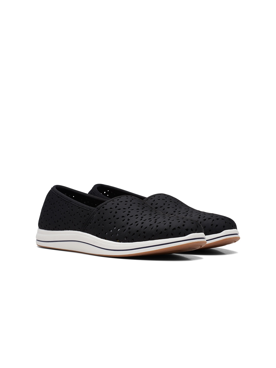 

Clarks Women Laser Cuts Round Toe Textile Slip-On Sneakers, Black