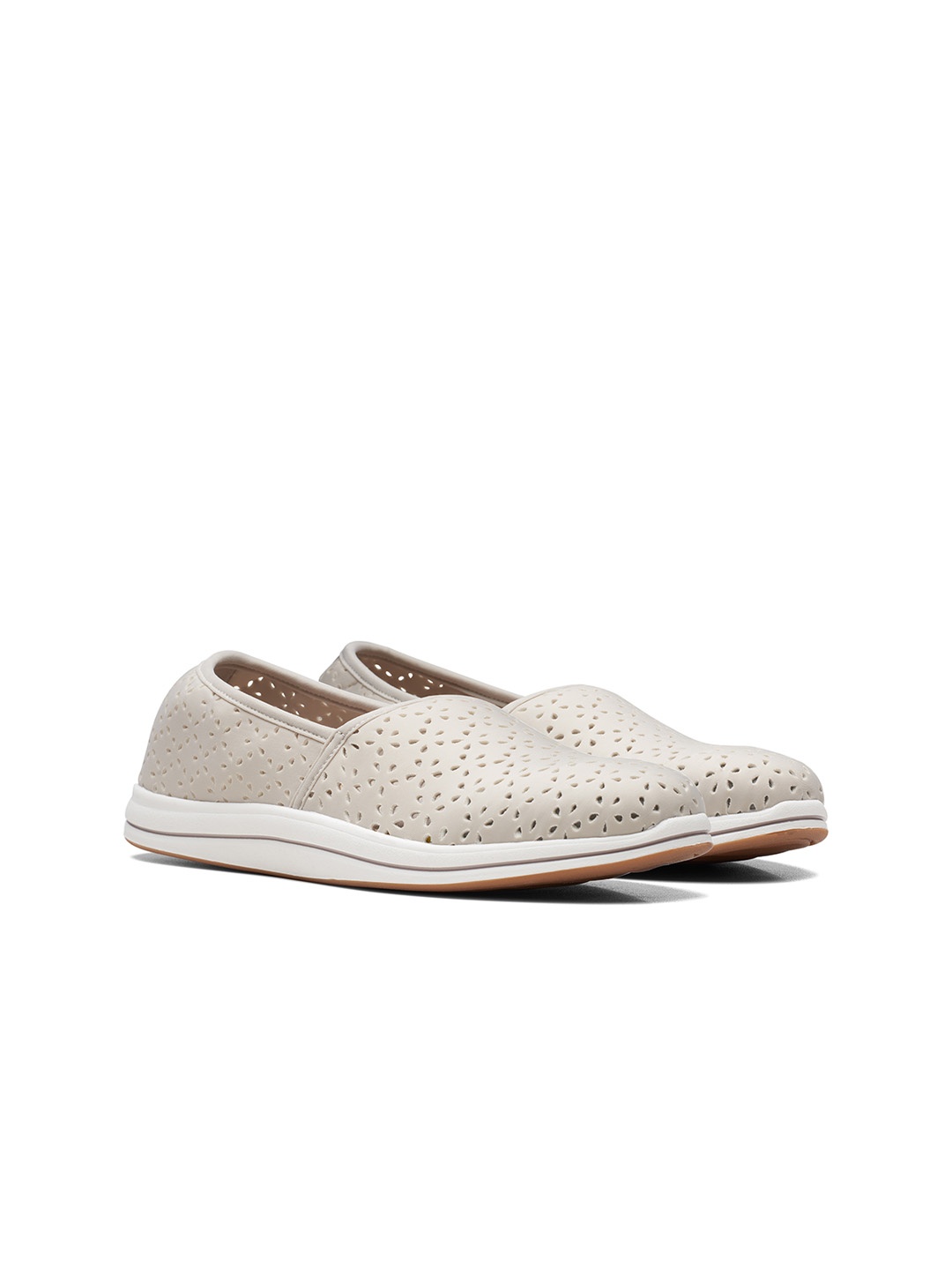 

Clarks Women Laser Cuts Round Toe Textile Slip-On Sneakers, Taupe