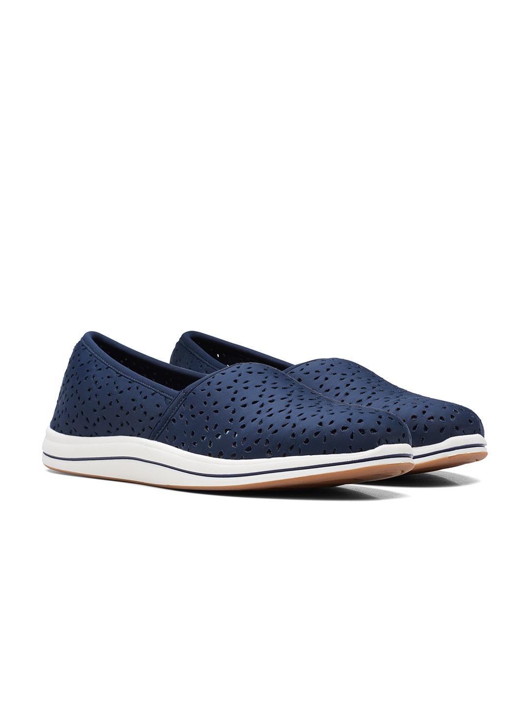 

Clarks Women Laser Cuts Round Toe Textile Slip-On Sneakers, Navy blue