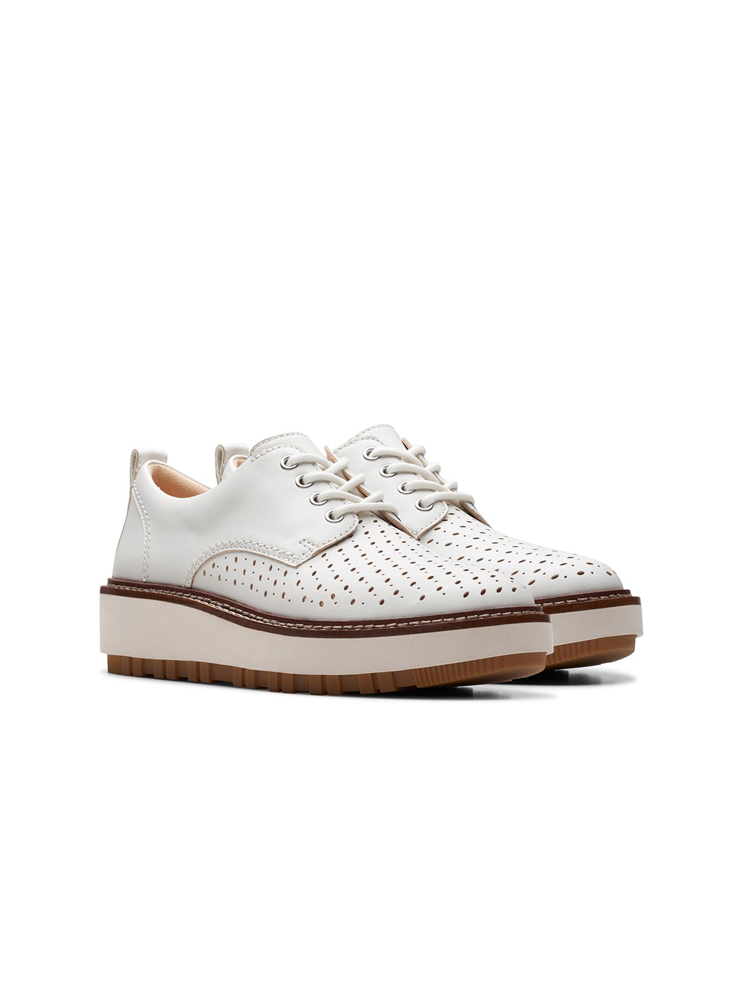 

Clarks Women Perforations Round Toe Leather Sneakers, Off white