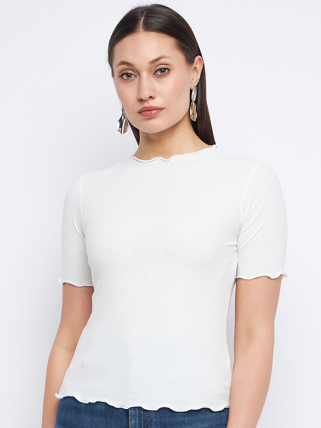 

Madame Self Design Round Neck Short Sleeves Top, White