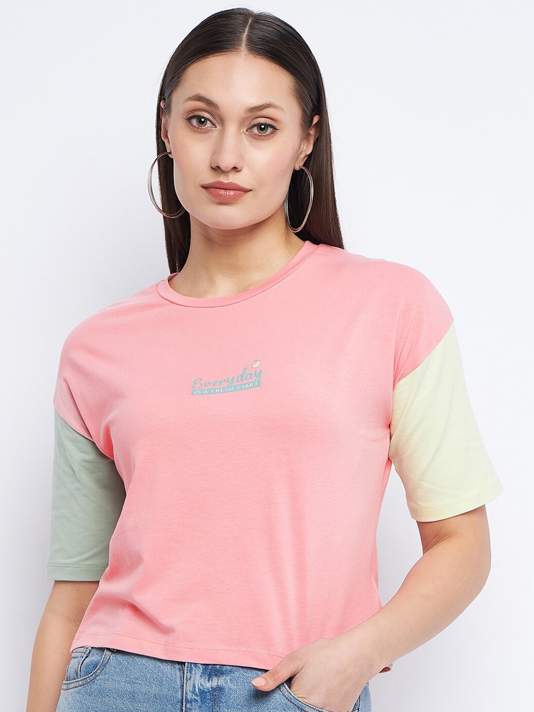 

Madame Colourblocked Drop-Shoulder Sleeves Cotton Crop Tshirts, Pink
