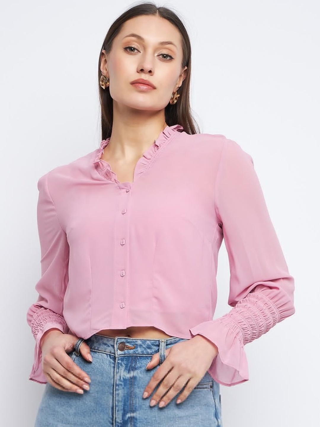

Madame Ruffled Shirt Style Crop Top, Pink