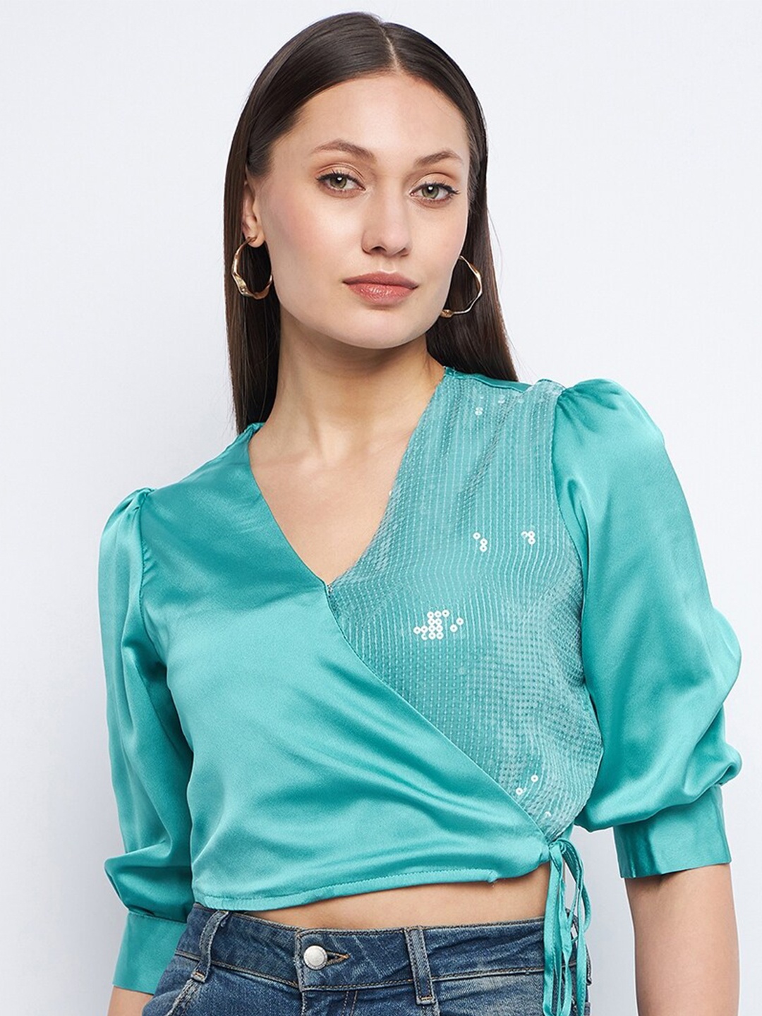 

Madame Embellished V-Neck Puff Sleeves Tie-Ups Detail Wrap Crop Top, Green