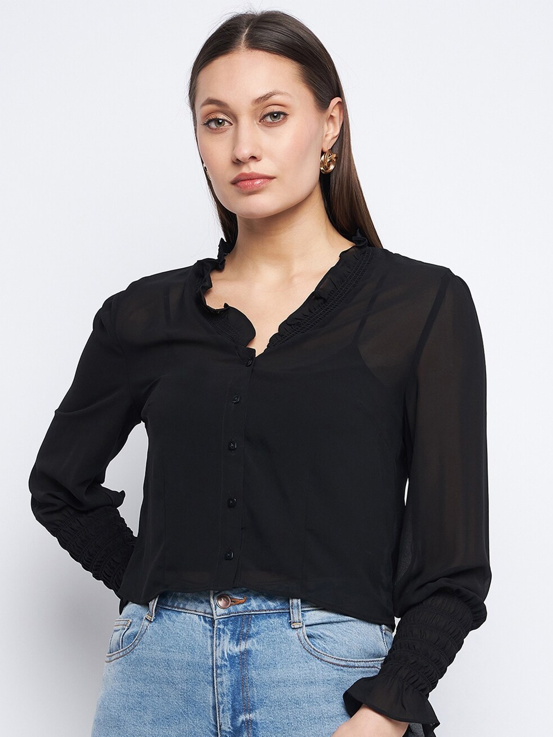 

Madame V-Neck Cuffed Sleeves Ruffles Detail Shirt Style Top, Black