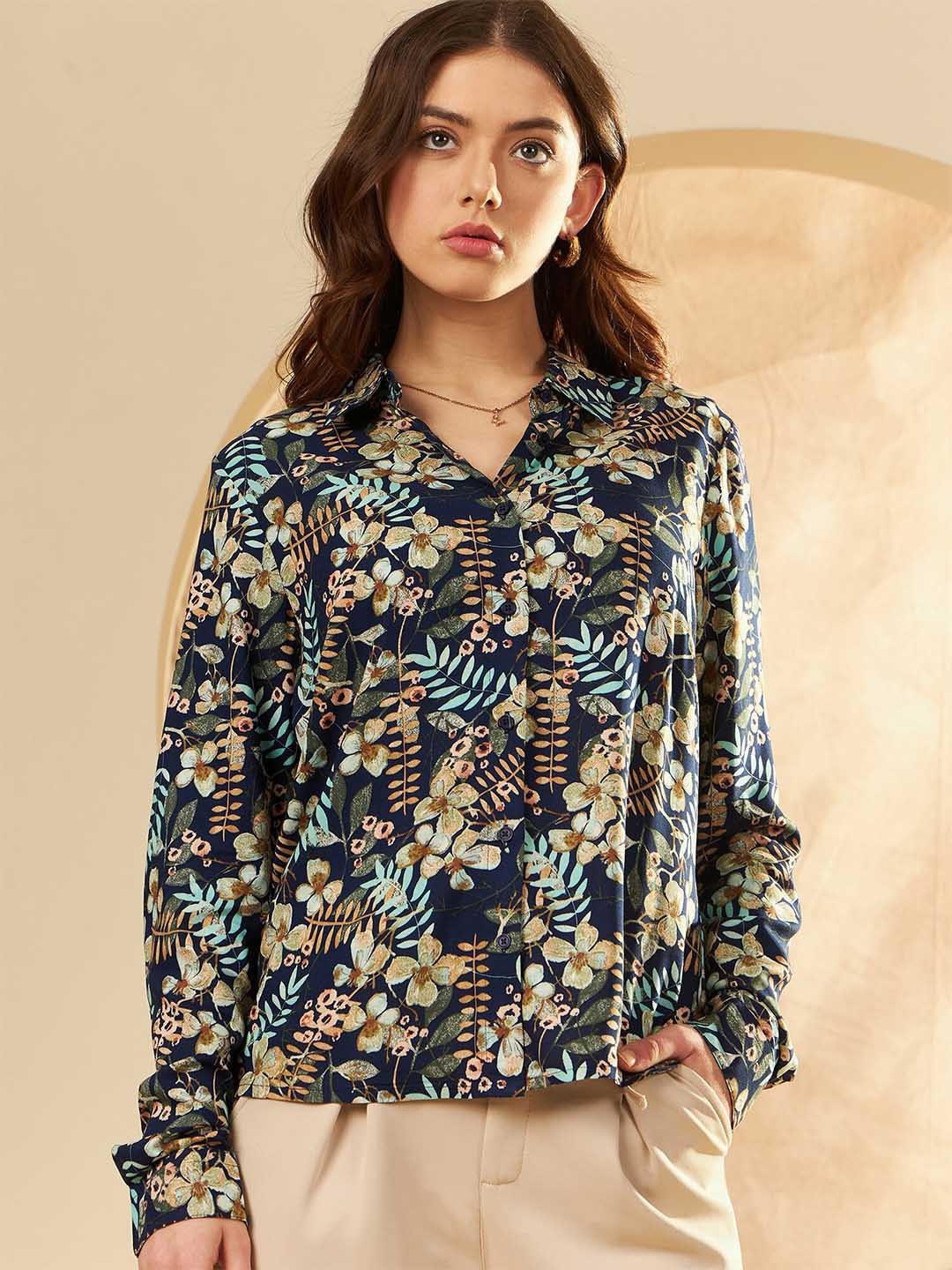 

DENNISON Floral Printed Spread Collar Long Sleeves Casual Shirt, Navy blue