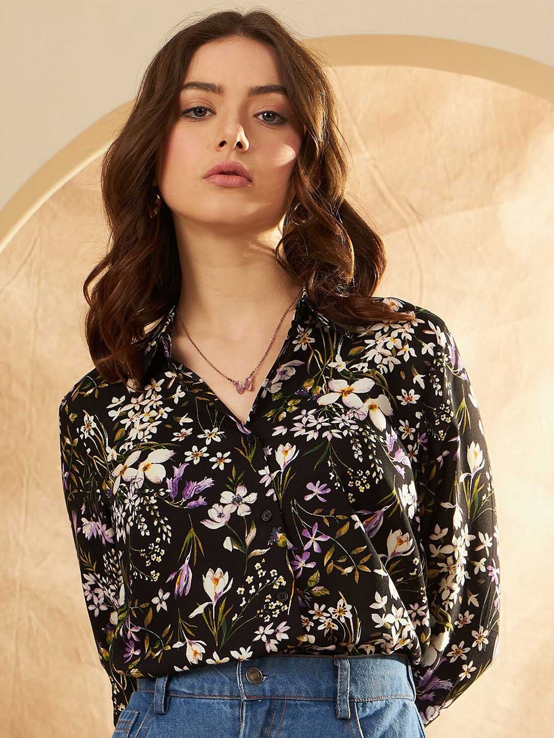 

DENNISON Floral Printed Spread Collar Long Sleeves Casual Shirt, Black