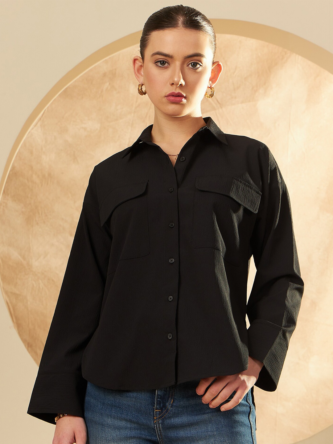 

DENNISON Spread Collar Long Sleeves Casual Shirt, Black