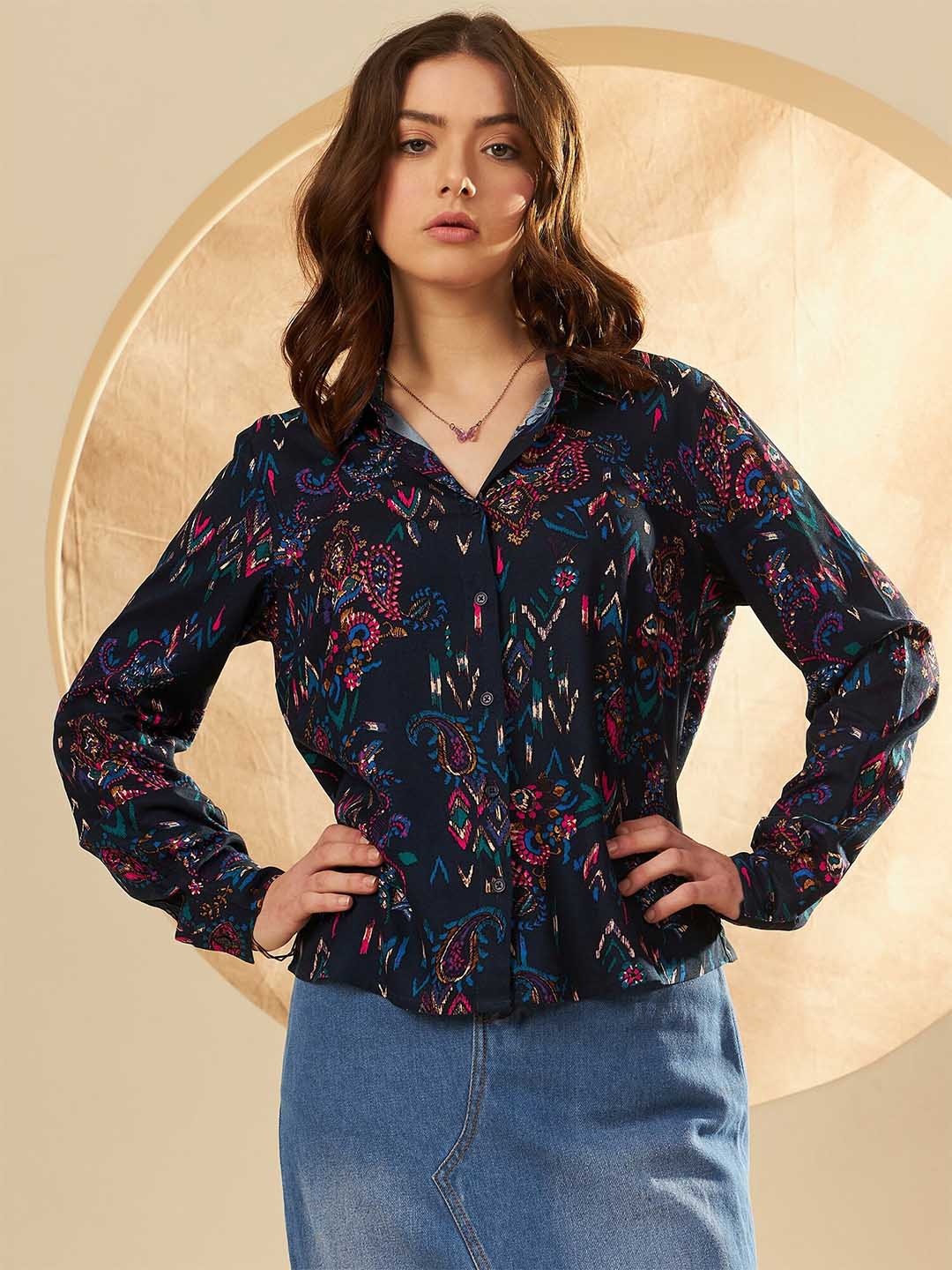 

DENNISON Smart Ethnic Motifs Printed Spread Collar Casual Shirt, Blue