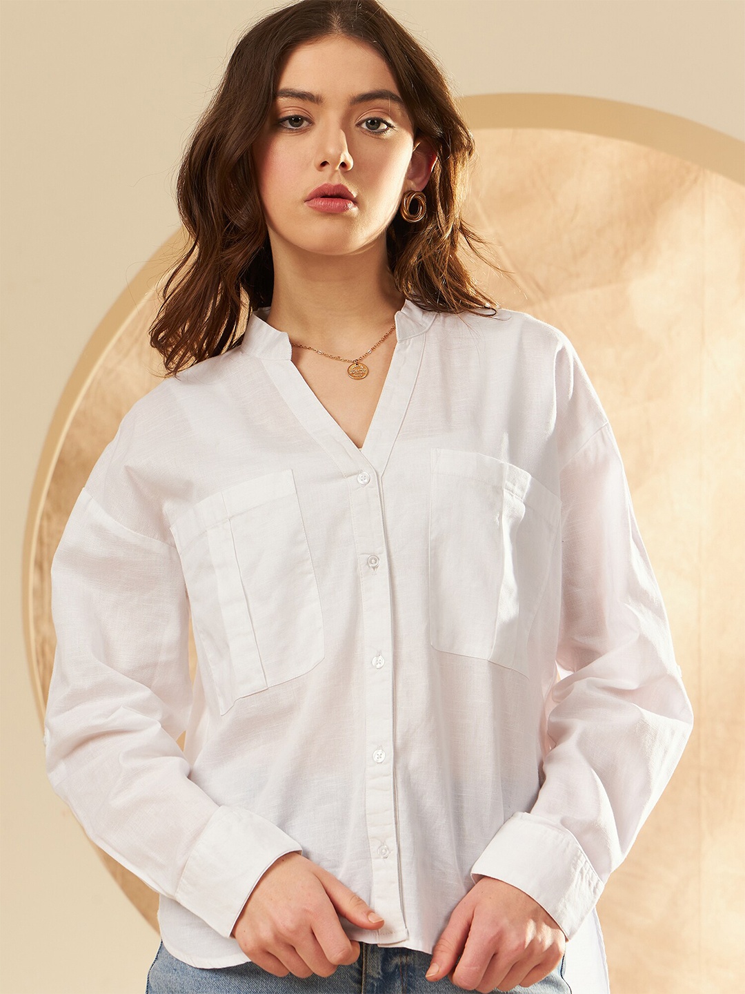 

DENNISON Smart Mandarin Collar Cotton Oversized Casual Shirt, White