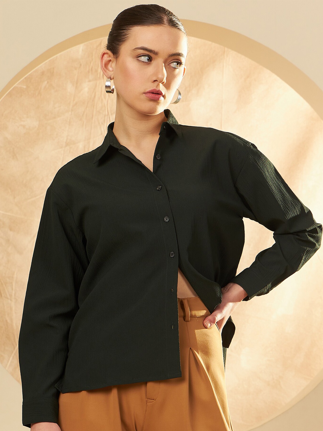 

DENNISON Smart Spread Collar Oversized Casual Shirt, Olive
