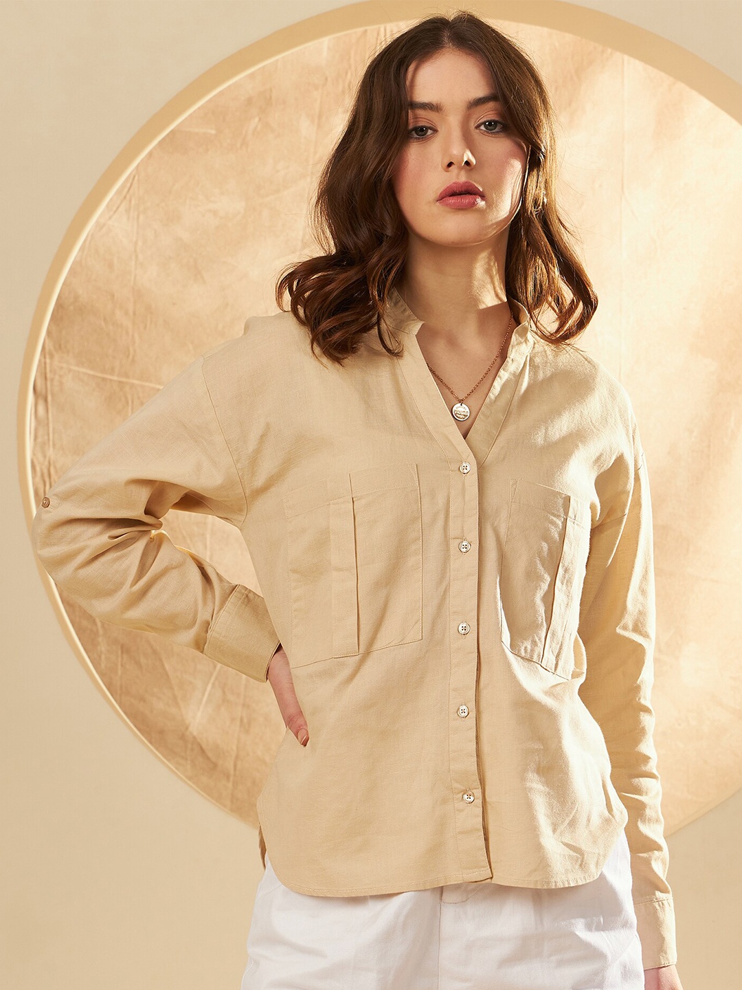 

DENNISON Smart Mandarin Collar Cotton Oversized Casual Shirt, Beige