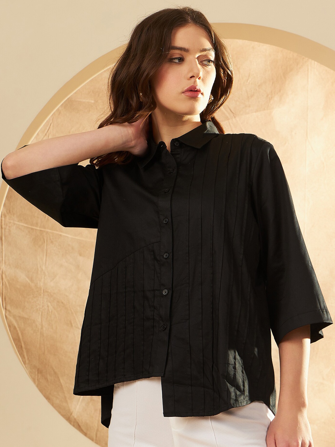 

DENNISON Smart Pin Tucked Cotton Oversized Casual Shirt, Black