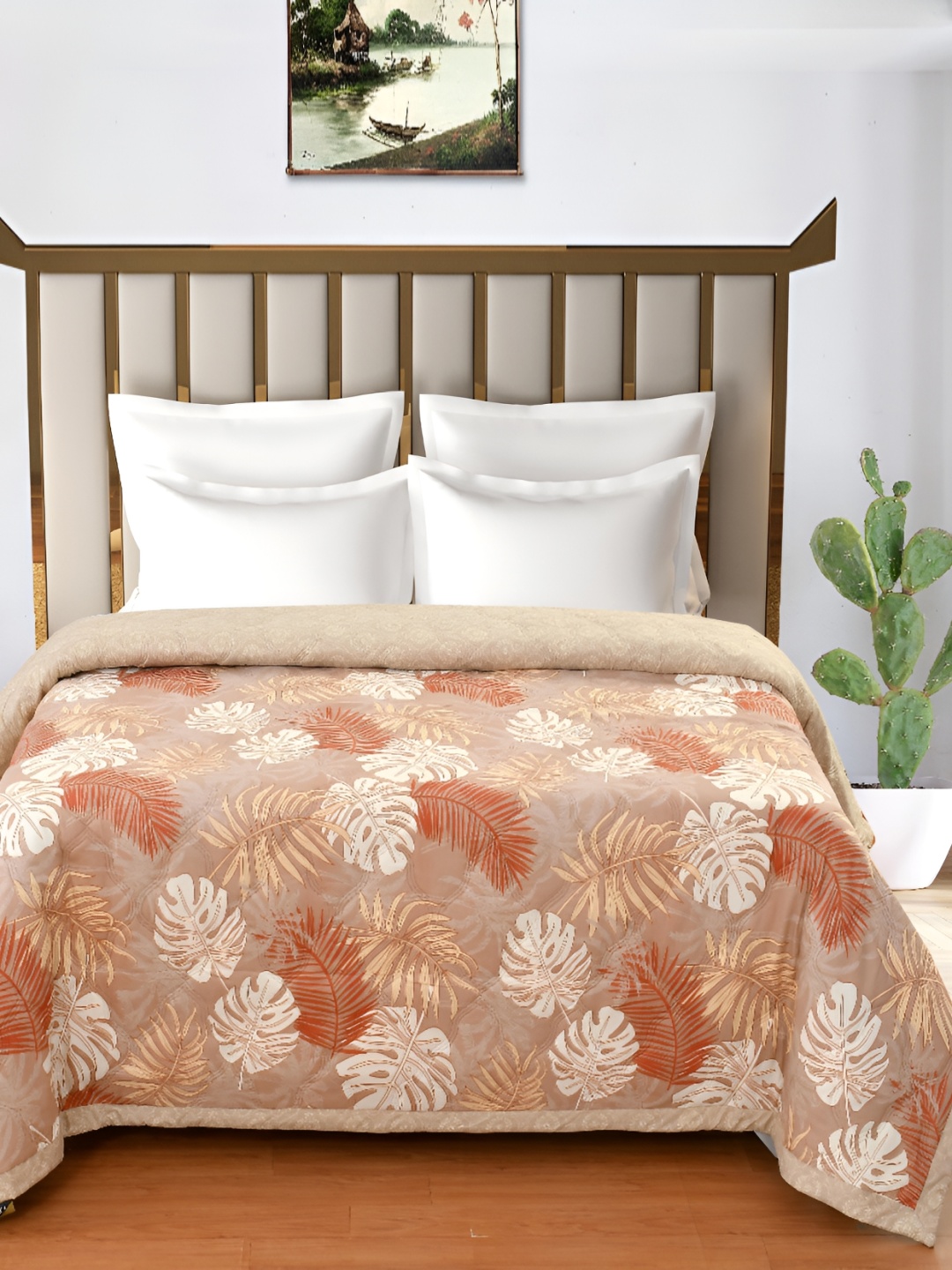 

FINE TEX WORLD Beige & White Floral AC Room Double Bed Comforter