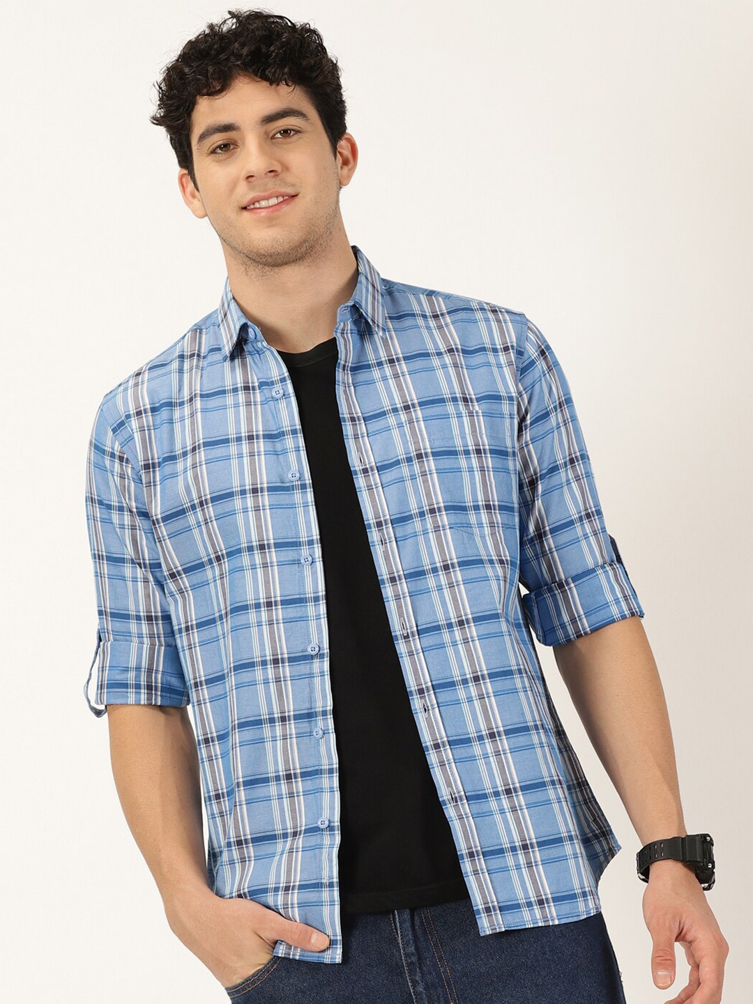 

HERE&NOW Classic Slim Fit Tartan Checked Pure Cotton Twill Casual Shirt, Blue