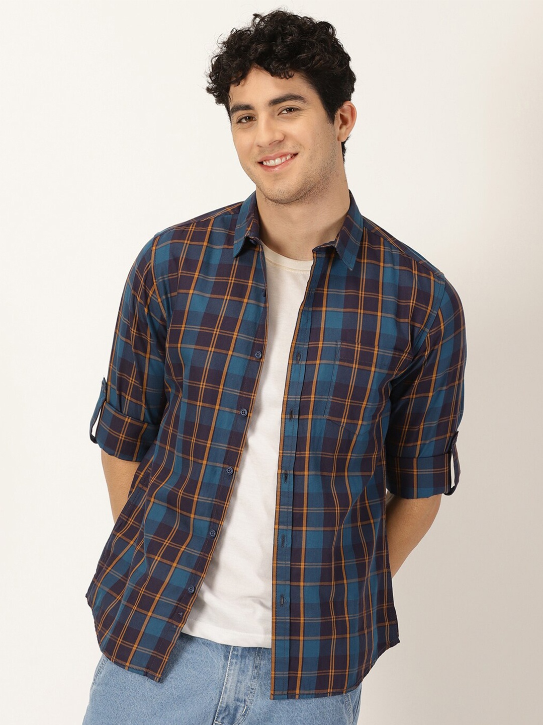 

HERE&NOW Classic Slim Fit Tartan Checked Pure Cotton Casual Shirt, Navy blue