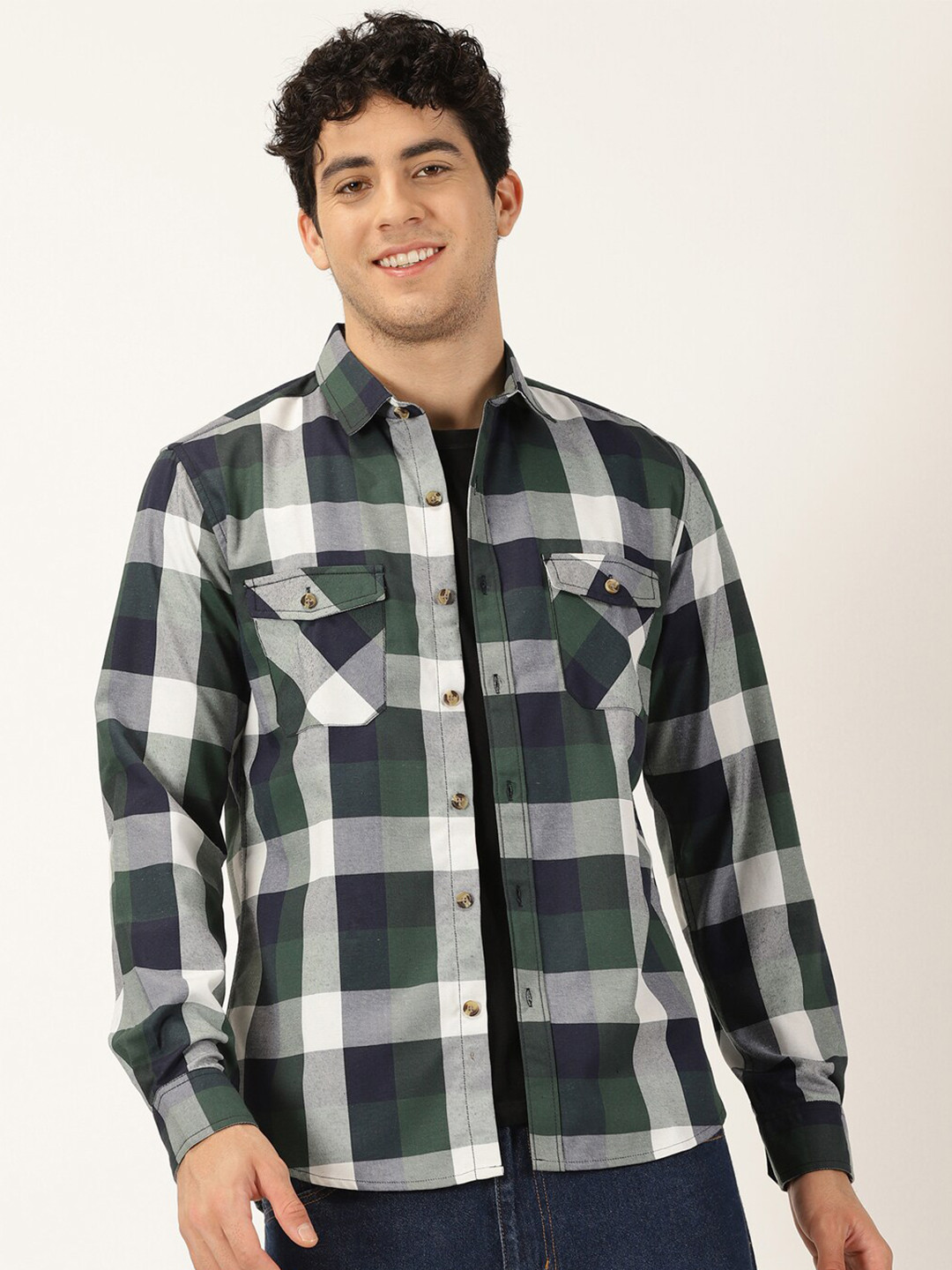 

HERE&NOW Classic Buffalo Checked Casual Shirt, Green