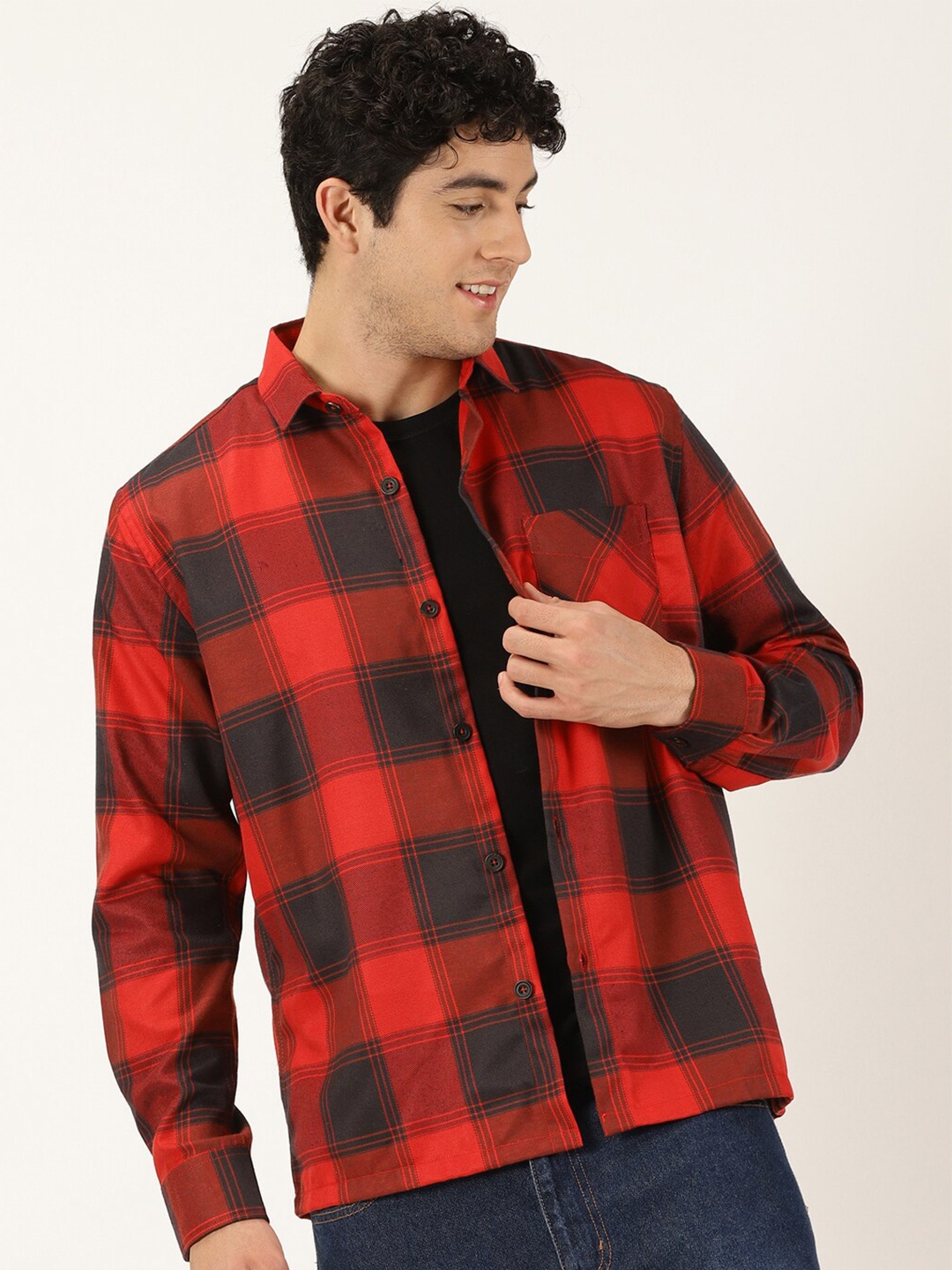 

HERE&NOW Smart Tartan Checked Oversized Casual Shacket, Red