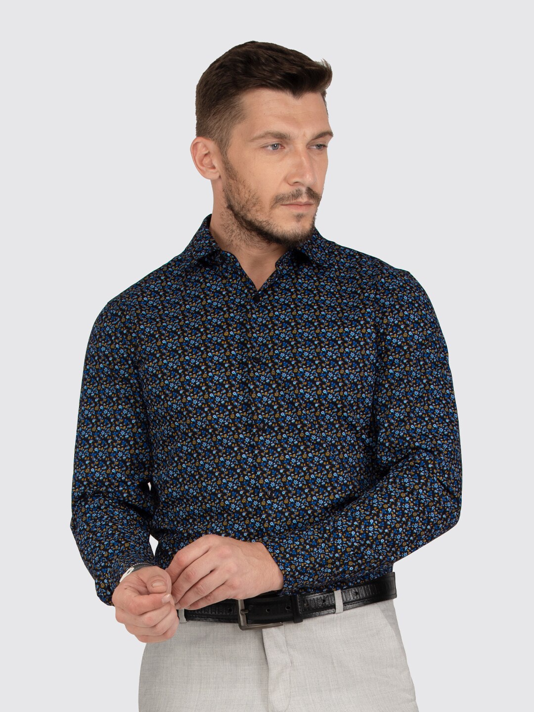 

Berkshire Smart Slim Fit Floral Printed Cotton Formal Shirt, Navy blue