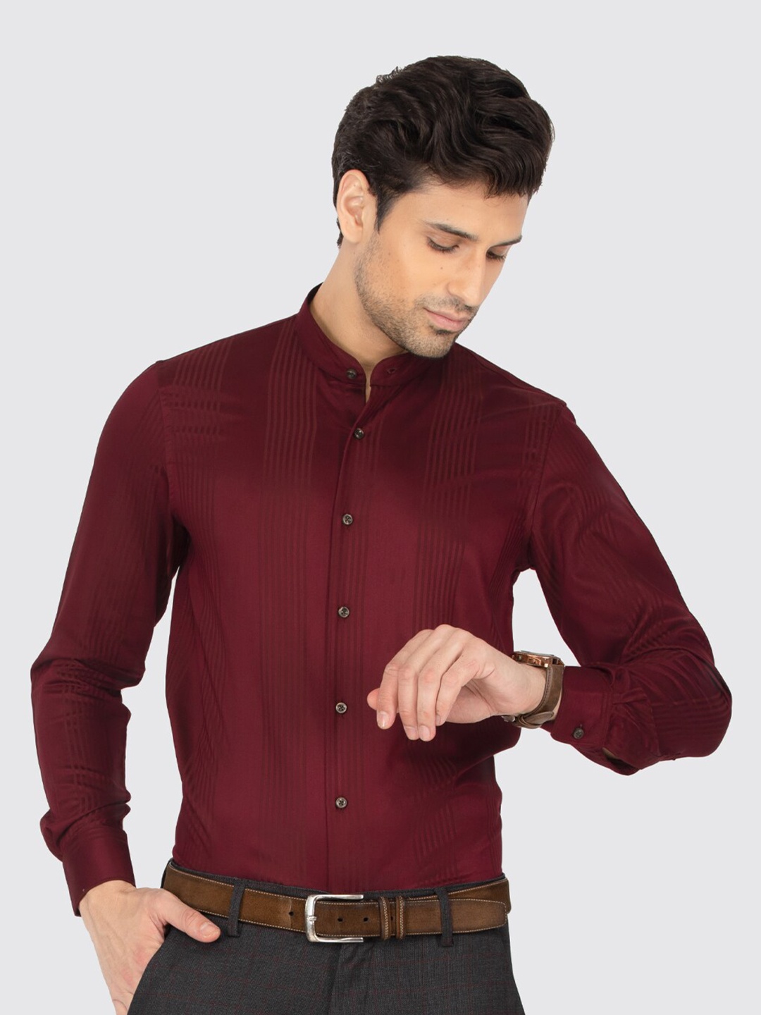 

Berkshire Smart Slim Fit Vertical Striped Band Collar Formal Shirt, Red