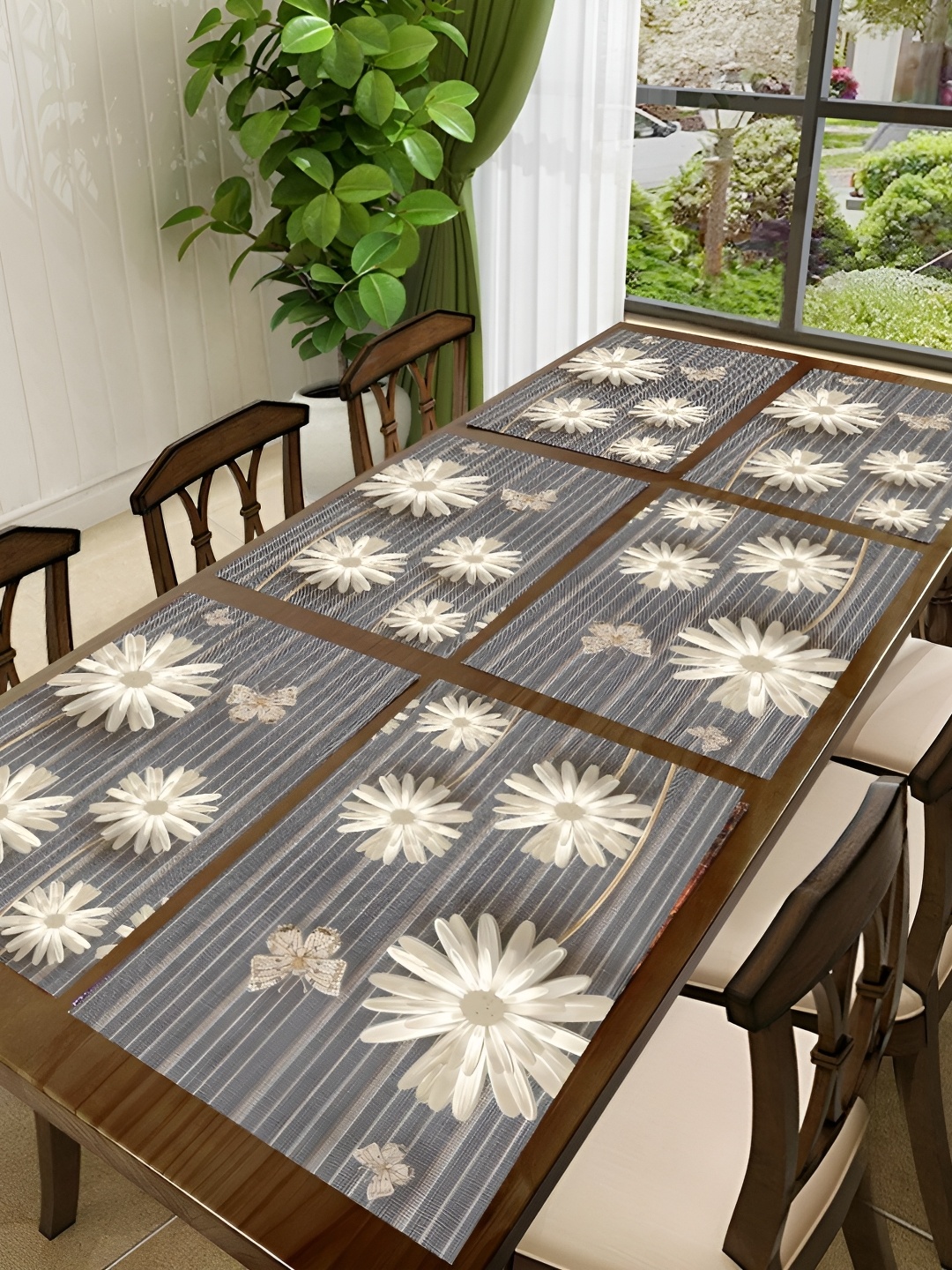 

REVEXO Grey 6 Pieces Floral Printed Waterproof & Washable Table Placemats