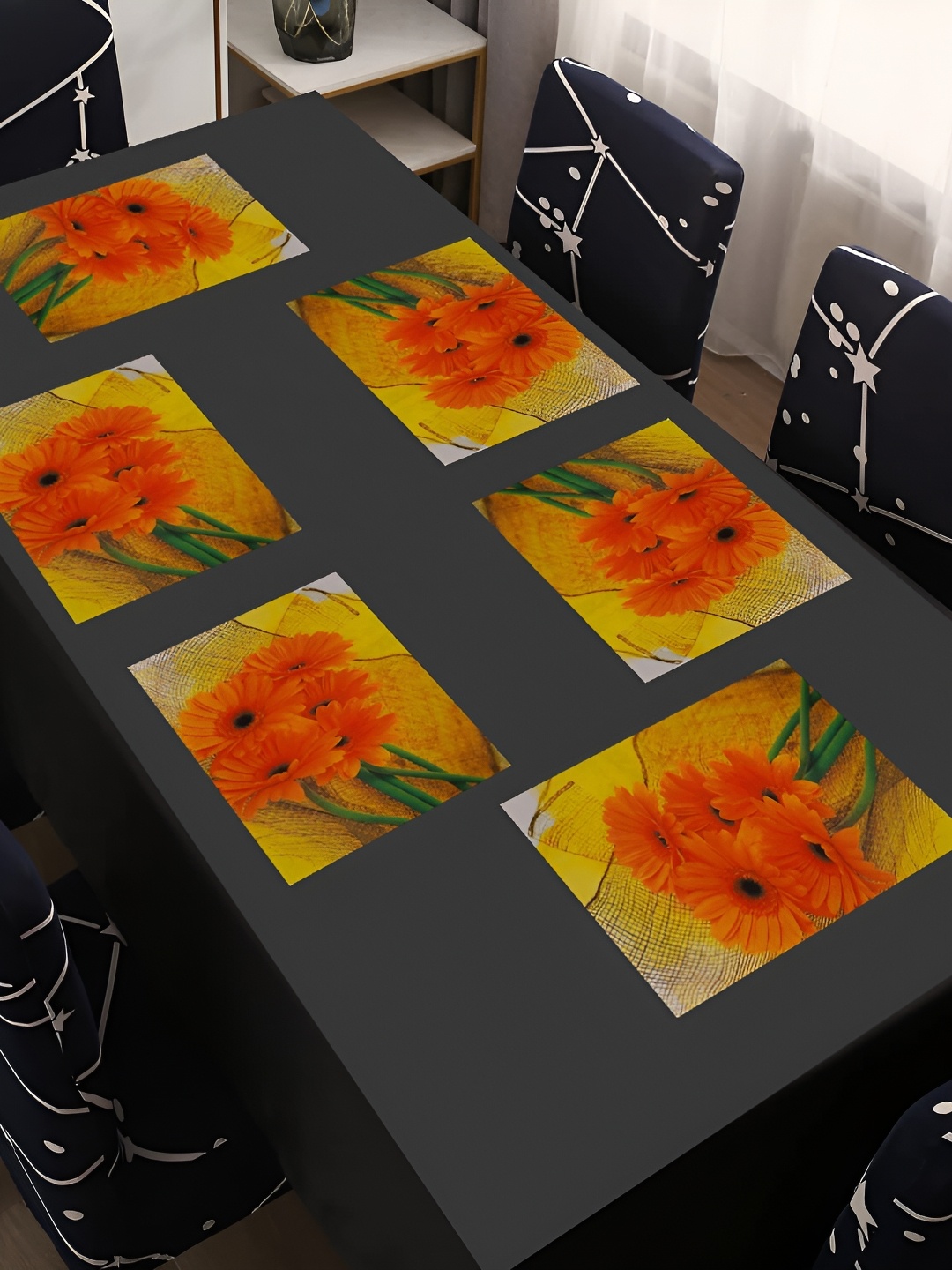 

REVEXO Yellow & Orange 6 Pieces Floral-Printed Table Placemats