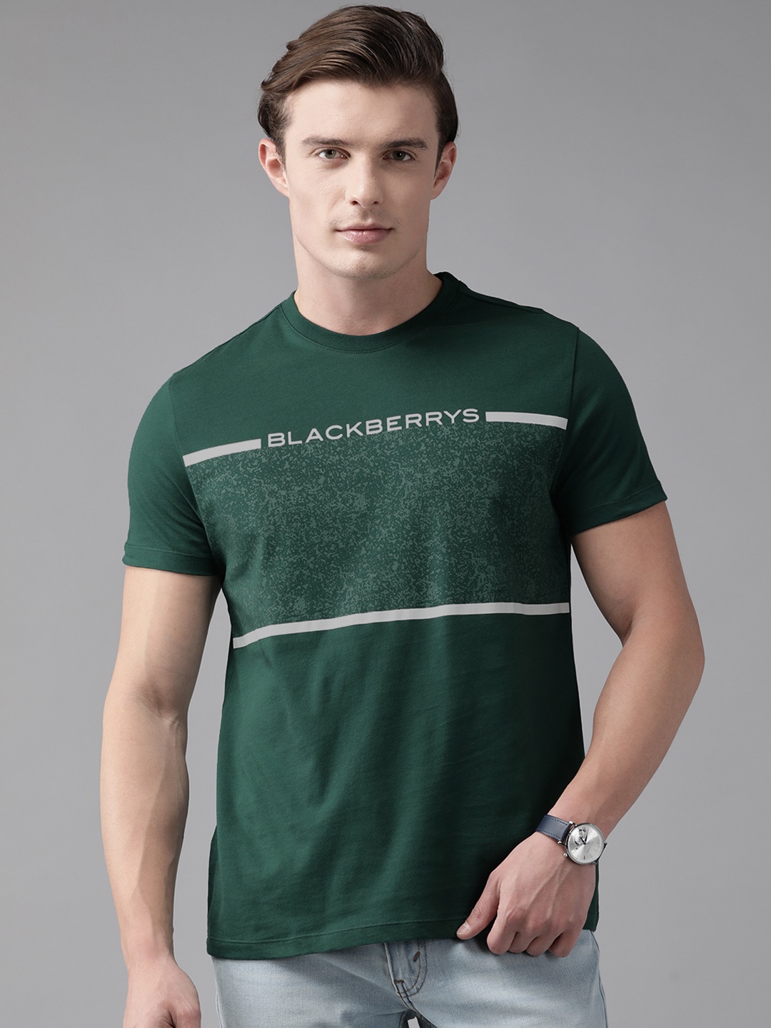 

Blackberrys Striped Pure Cotton Slim Fit T-shirt, Green