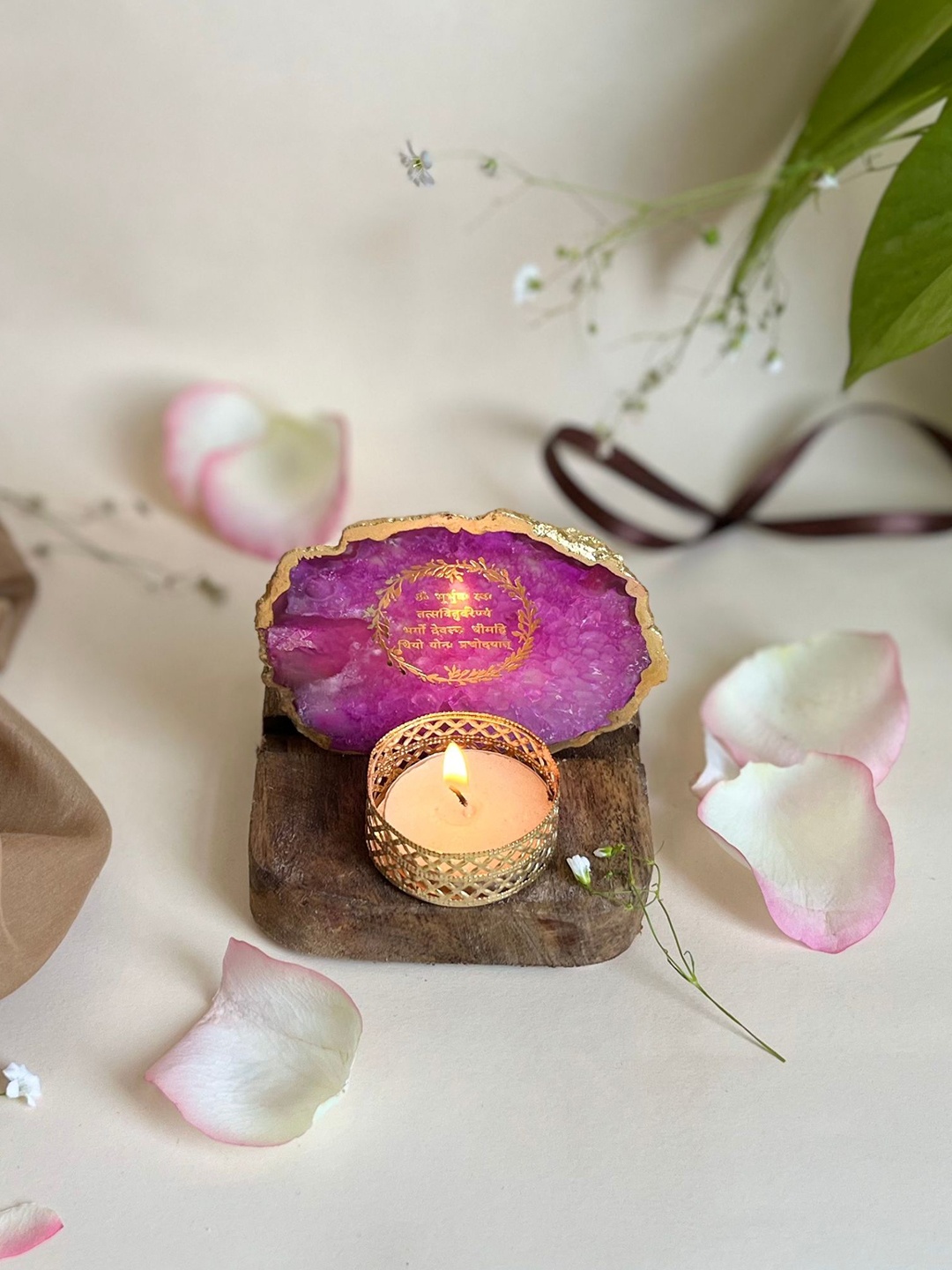 

HOMEARTE Pink Agate Gayatri Mantra Tea Light Candle Holder