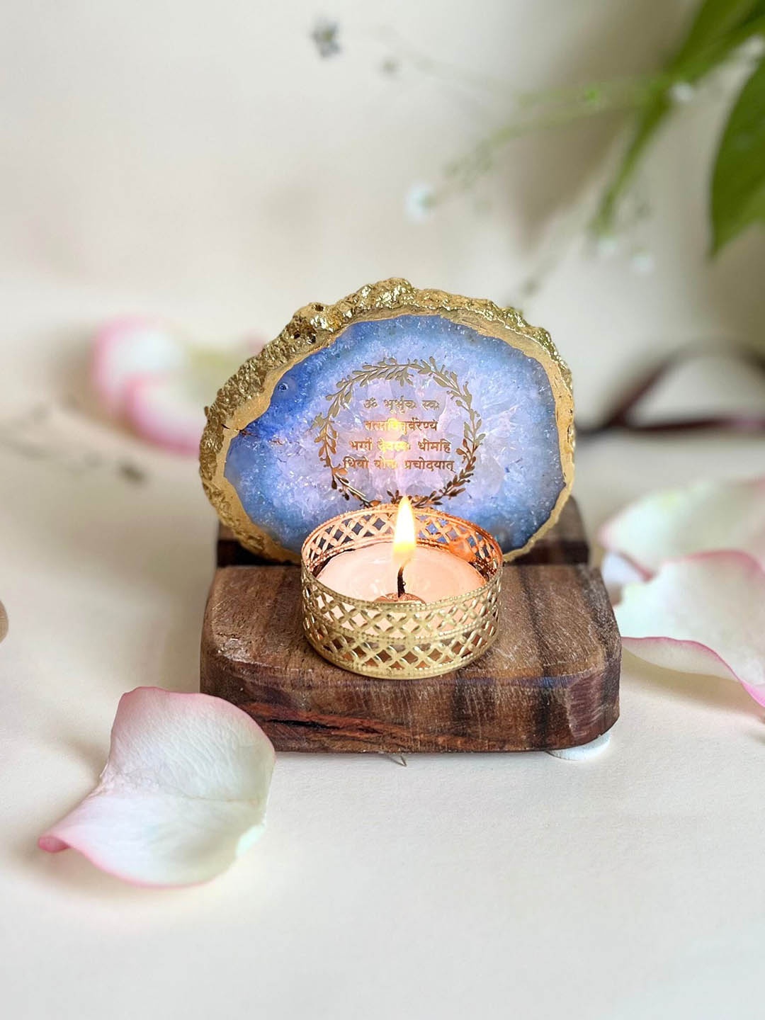 

HOMEARTE Blue Agate Gayatri Mantra Tea Light Candle Holder