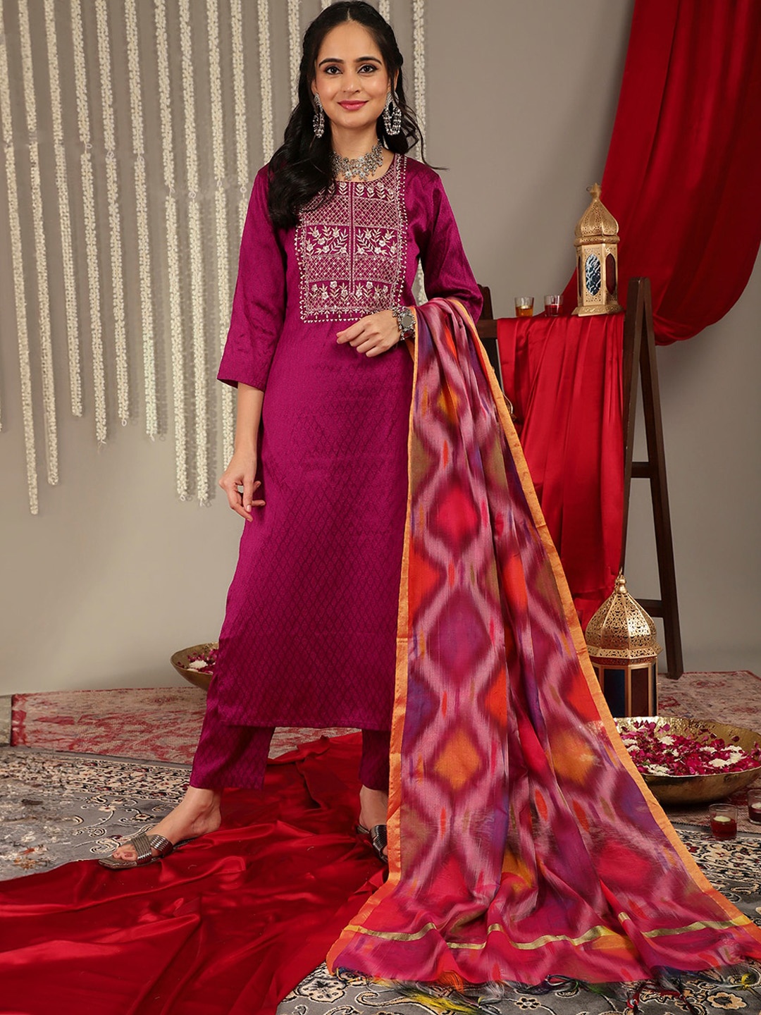 

KALINI Ethnic Motifs Embroidered Straight Kurta & Trousers With Dupatta, Magenta