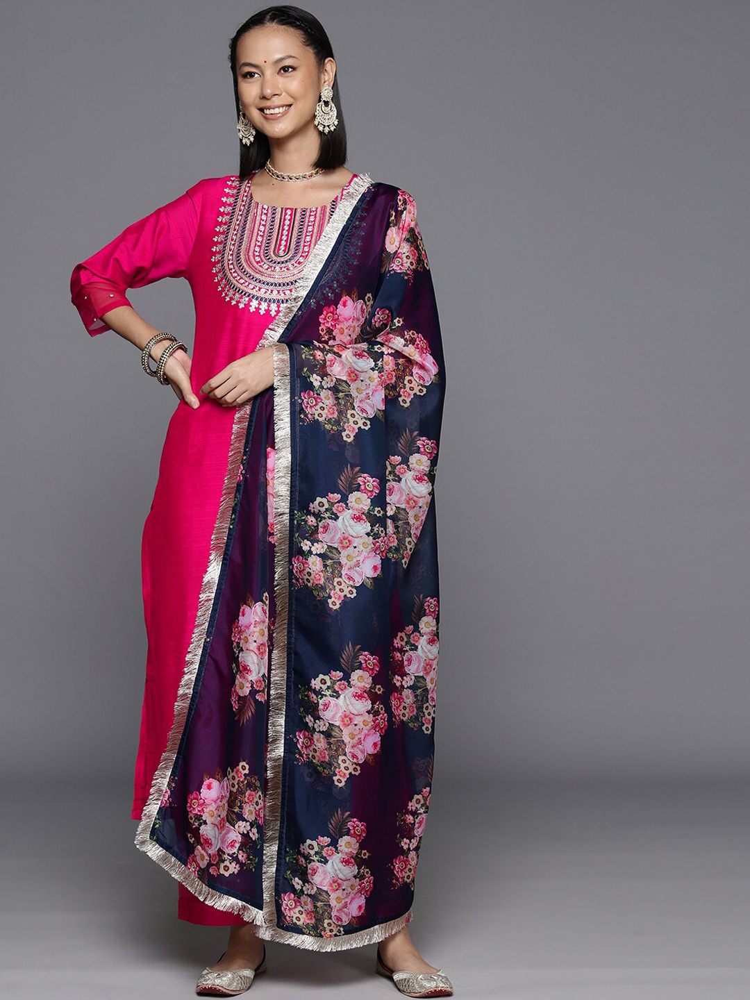 

KALINI Ethnic Motif Yoke Design Straight Kurta & Trousers With Dupatta, Fuchsia