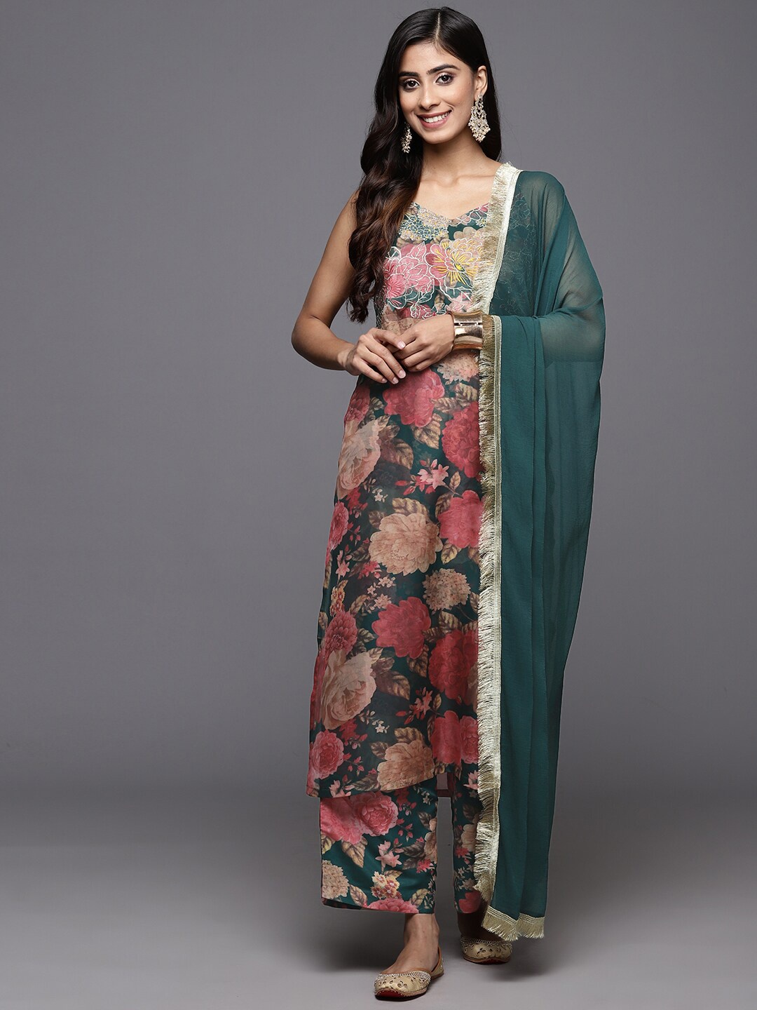 

KALINI Floral Printed Straight Kurta & Palazzos With Dupatta, Green