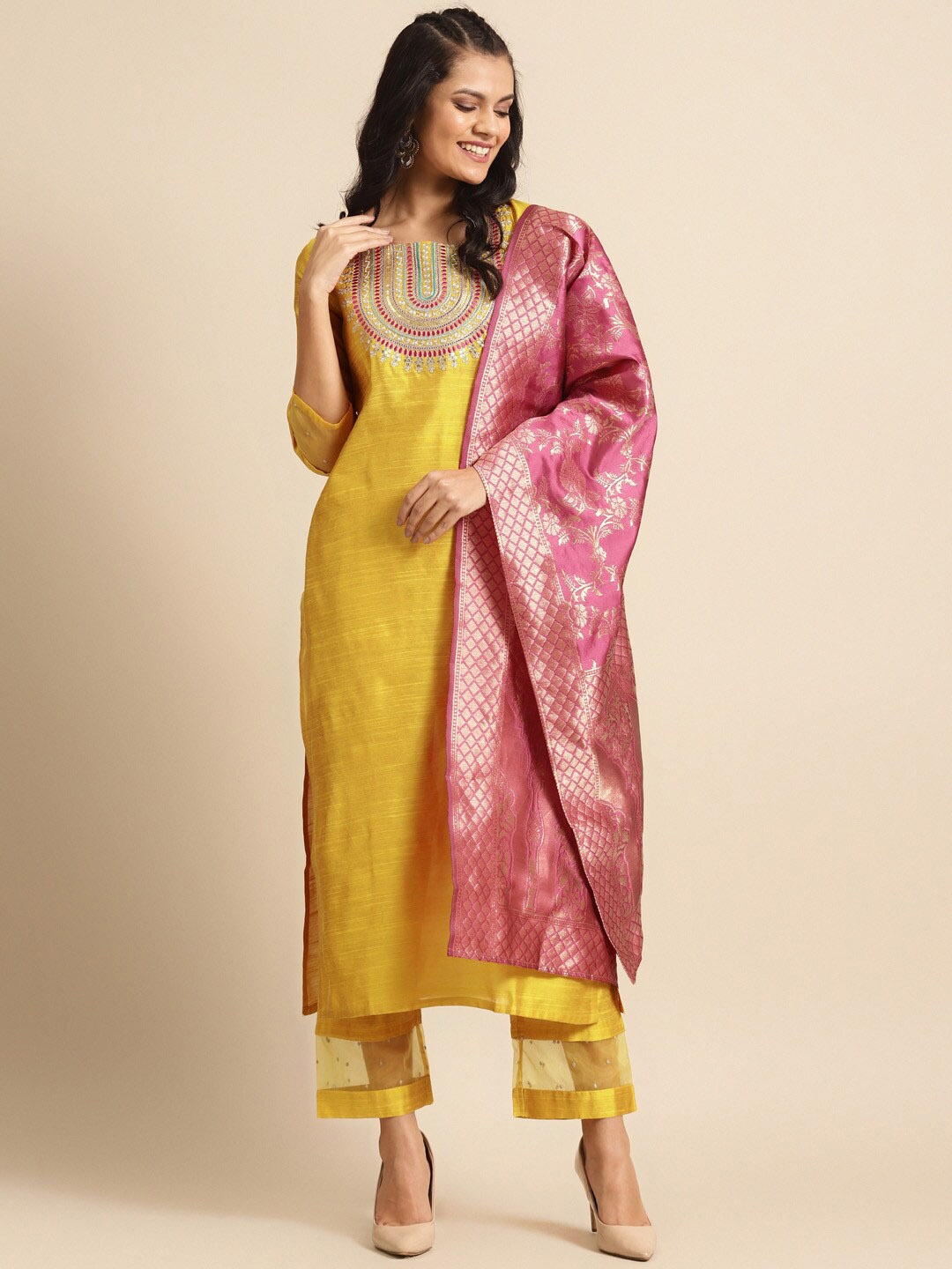 

KALINI Ethnic Motifs Yoke Design Sequinned Kurta With Trousers & Dupatta, Mustard