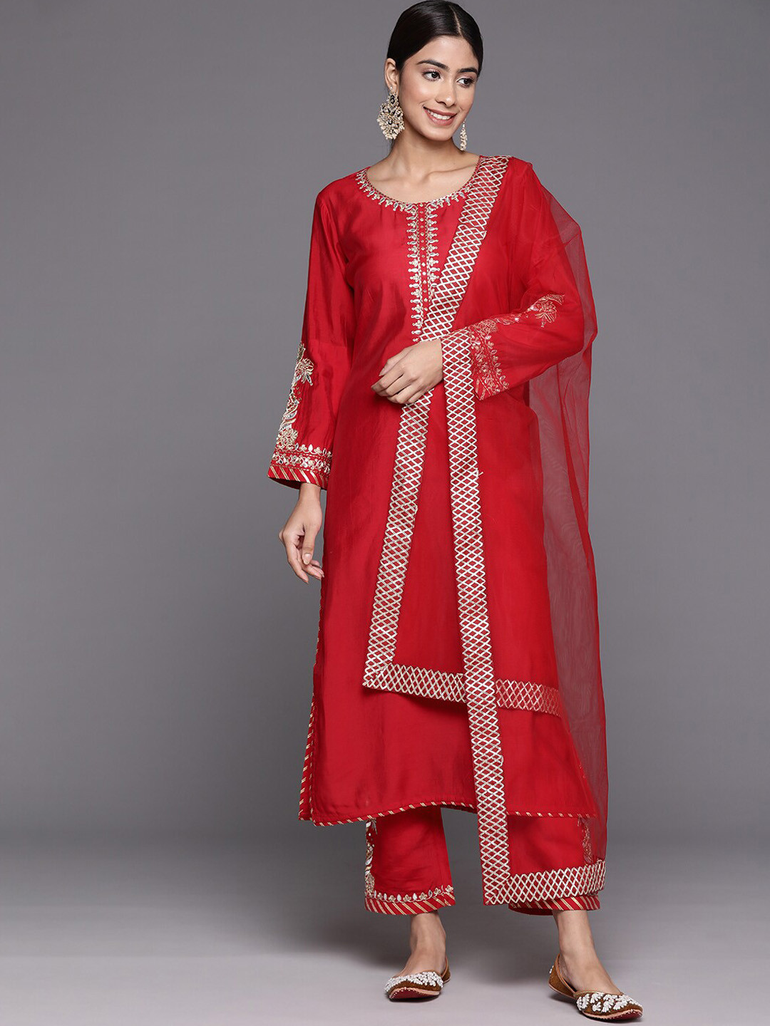 

KALINI Ethnic Motifs Embroidered Straight Kurta & Trousers With Dupatta, Red