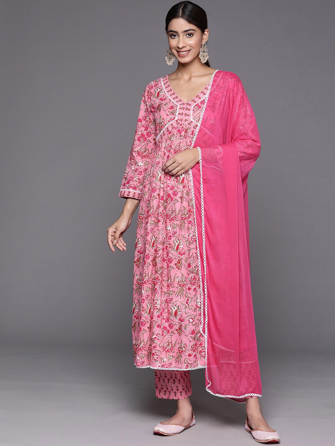 

KALINI Floral Printed V-Neck Pure Cotton Kurta with Trousers & Dupatta, Pink