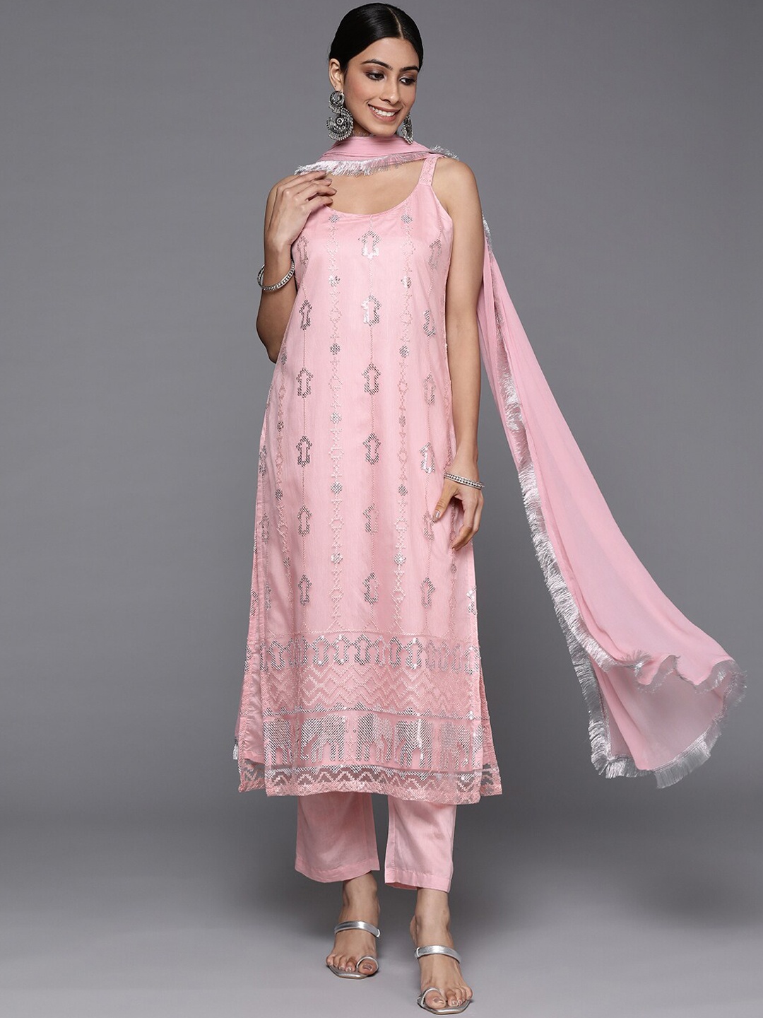 

KALINI Ethnic Motifs Embroidered Sequinned Kurta & Trousers With Dupatta, Pink