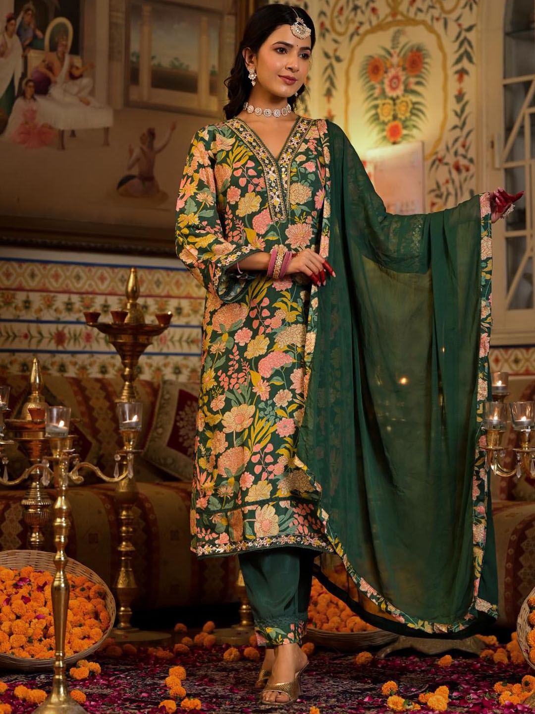 

KALINI Floral Printed Mirror Work Pure Silk Kurta with Trousers & Dupatta, Green