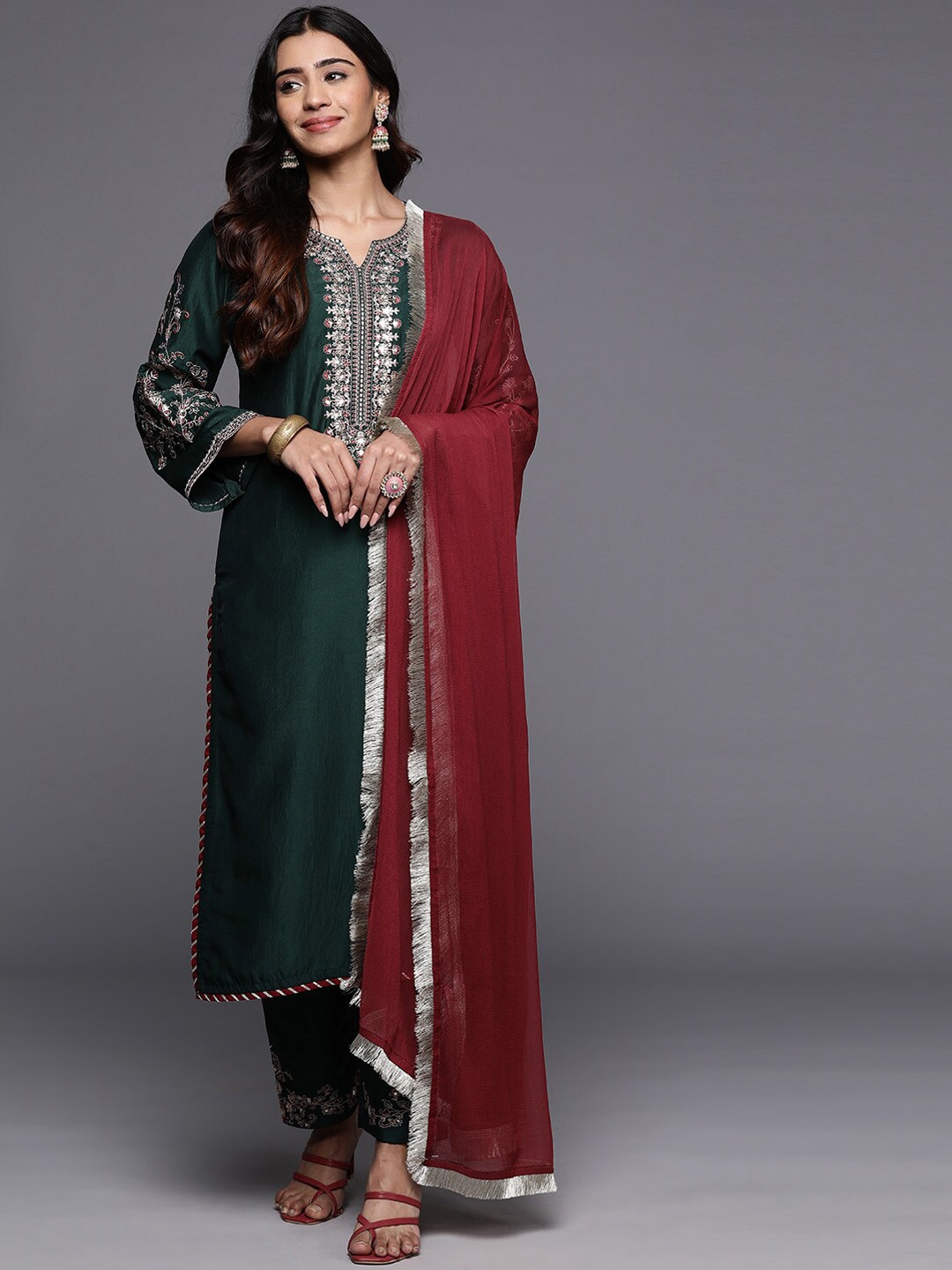 

KALINI Women Floral Embroidered Regular Kurta with Trousers & Dupatta, Green