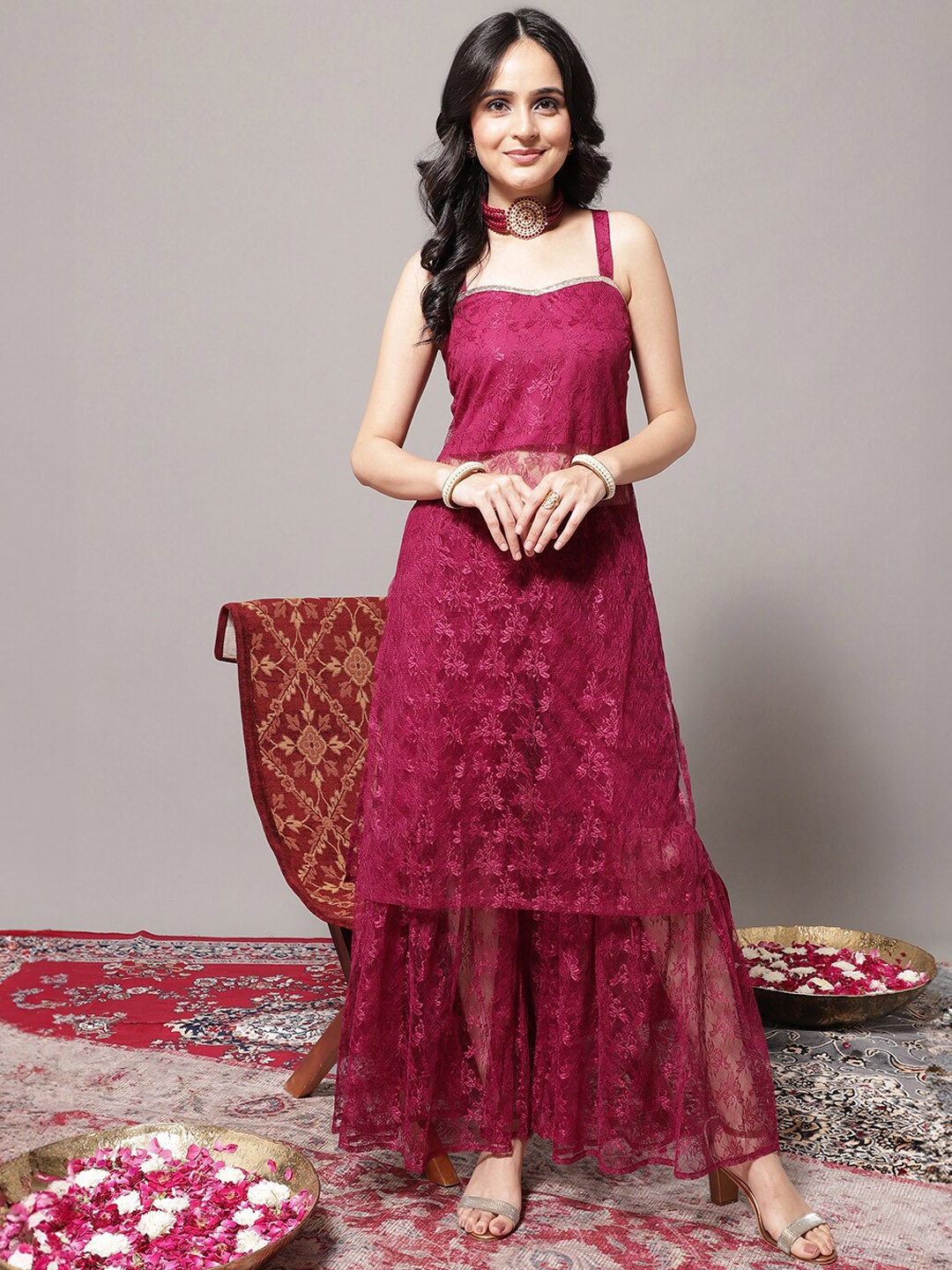 

KALINI Floral Self Design Sleeveless Sweetheart Neck Kurta With Sharara, Magenta