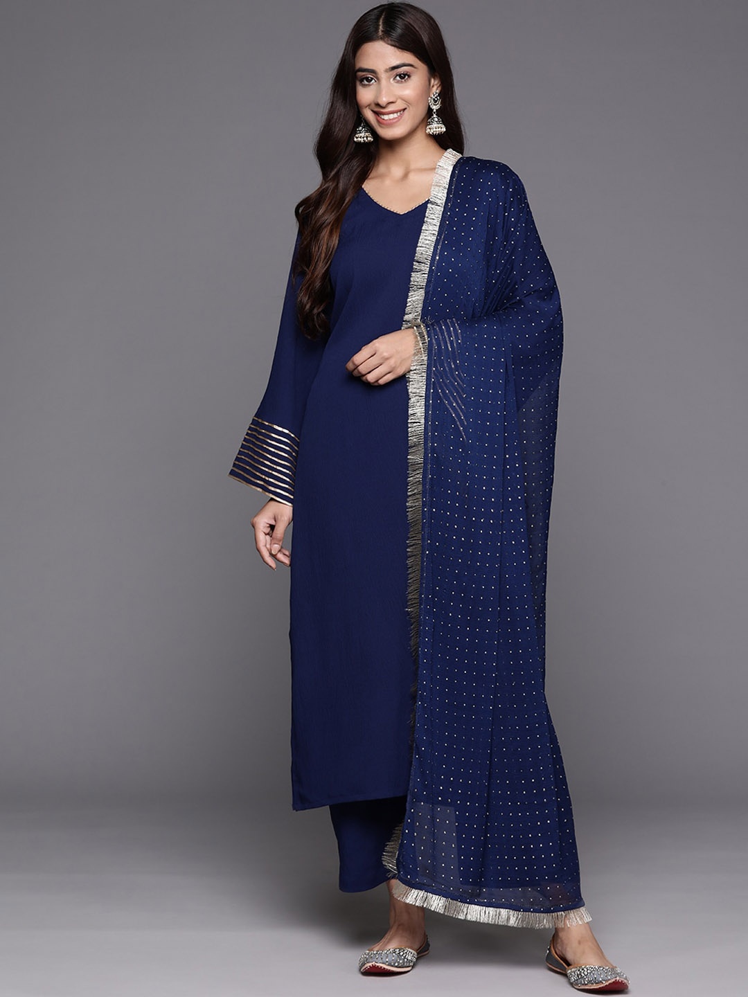 

KALINI Regular Gotta Patti Silk Crepe Kurta with Trousers & Dupatta, Navy blue