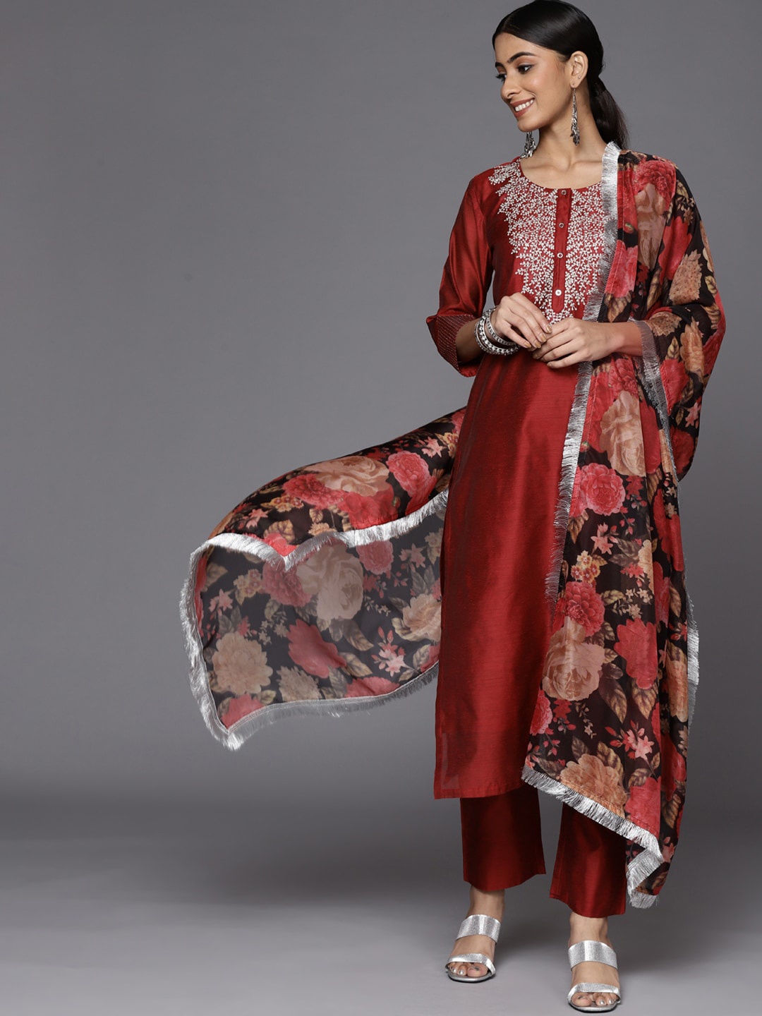 

KALINI Floral Yoke Design Straight Kurta & Trousers With Dupatta, Maroon