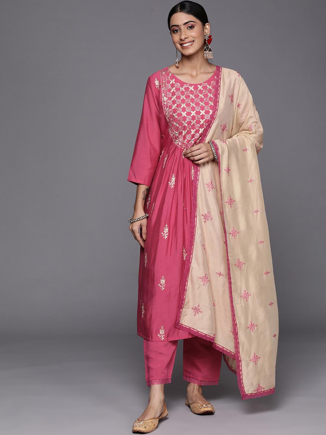 

KALINI Floral Embroidered Thread Work Kurta With Trousers & Dupatta, Pink