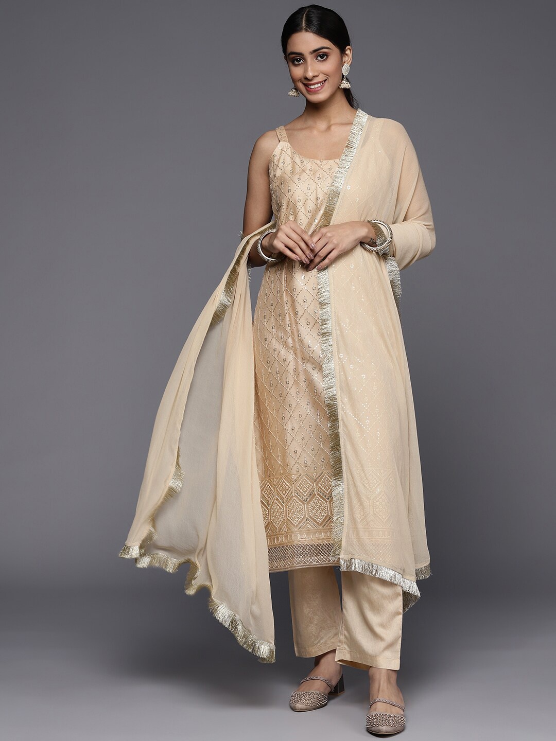 

KALINI Ethnic Motifs Embroidered Regular Sequinned Kurta with Trousers & Dupatta, Cream
